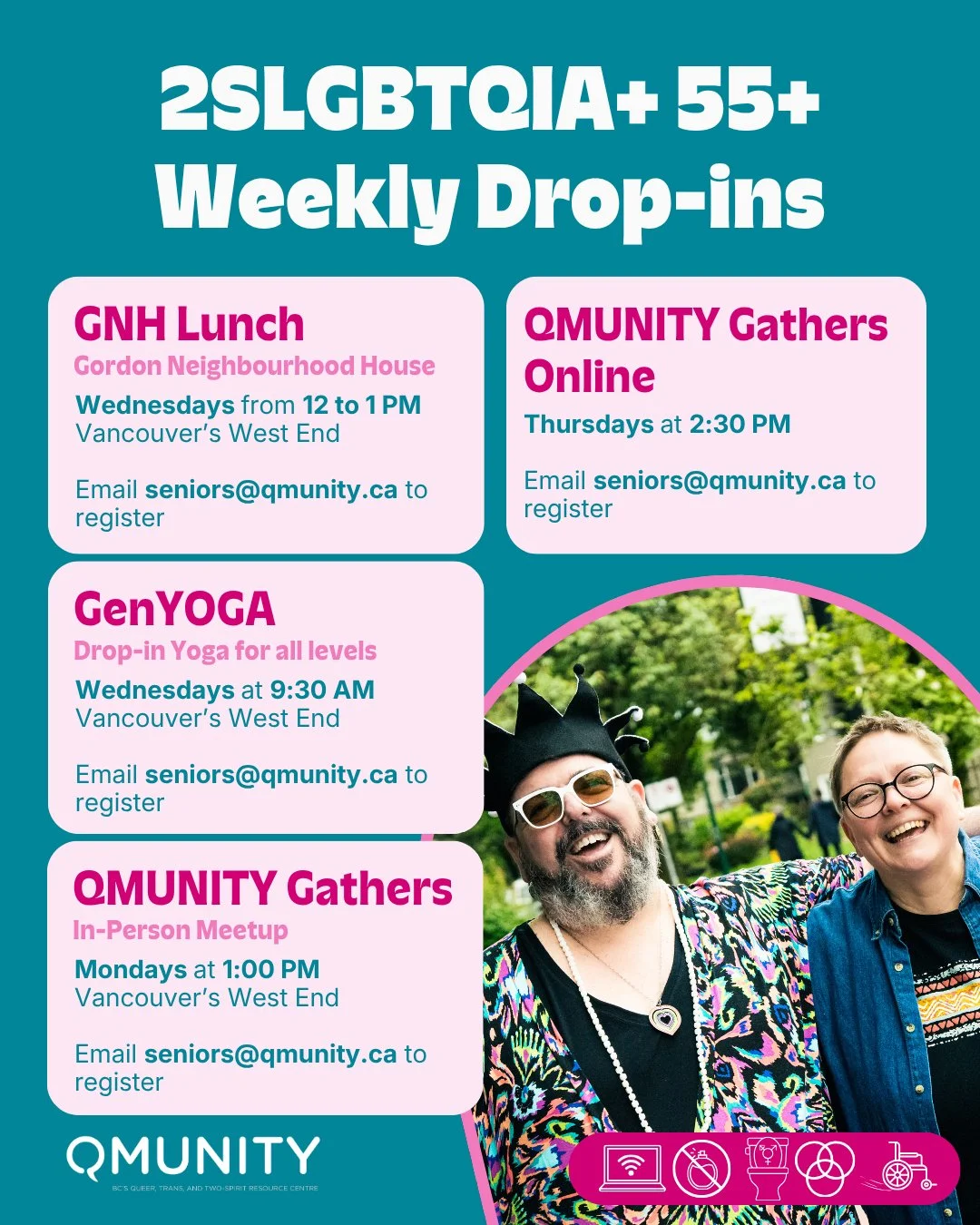 Poster with weekly LGBTQ+ and senior community drop-in and meetup events, including details for GNH Lunch, Qmunity online gatherings, GenYOGA yoga classes, and in-person Qmunity gatherings in Vancouver's West End, with a photo of two smiling individu