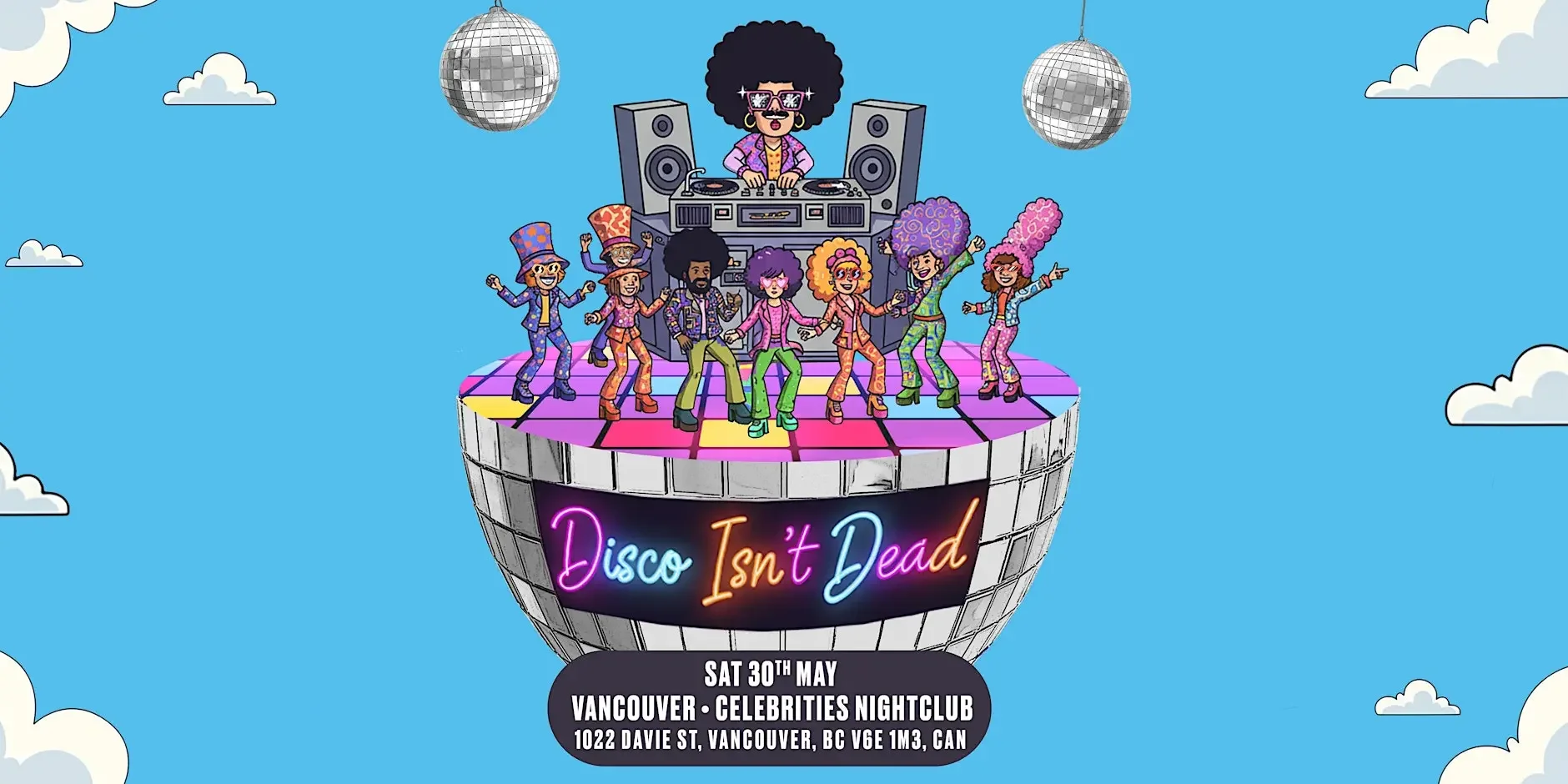 Animated illustration of a floating disco platform with a DJ and dancing people dressed in colorful 70s-style outfits. The platform has a sign that says "Disco Isn't Dead." The background is sky blue with clouds and disco balls overhead. Event detail