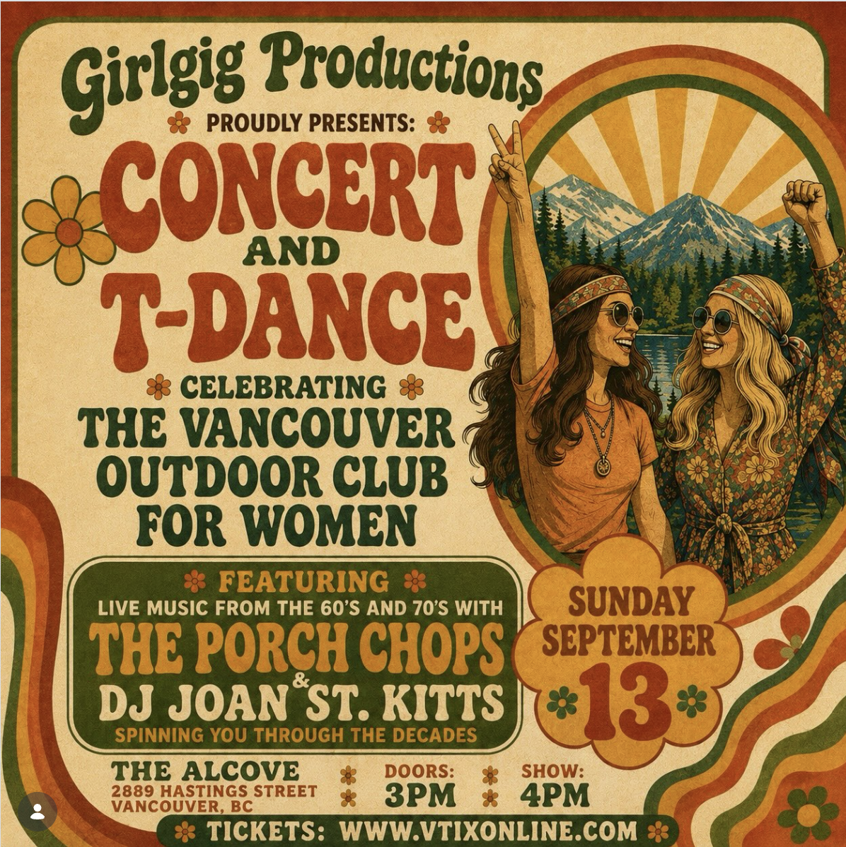 A vintage-style poster promoting a concert and T-Dance event hosted by Girlgag Productions, celebrating the Vancouver Outdoor Club for Women. The event features live music from the Porch Chops and DJ Joan St. Kitts, taking place on Sunday, September 