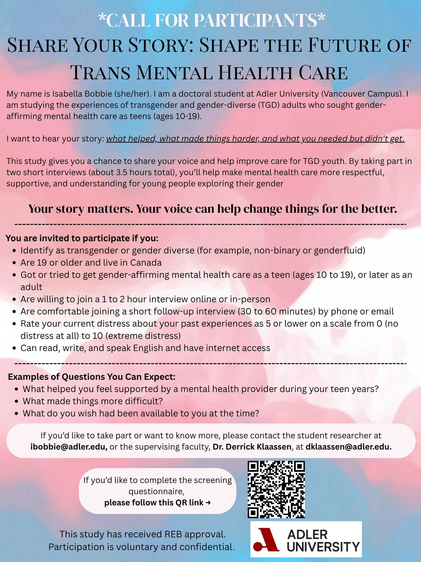A colorful flyer titled 'Call for Participants' inviting transgender and gender-diverse adults aged 10-19 in Canada to share their mental health stories through interviews to improve mental health care for youth. It includes eligibility criteria, con