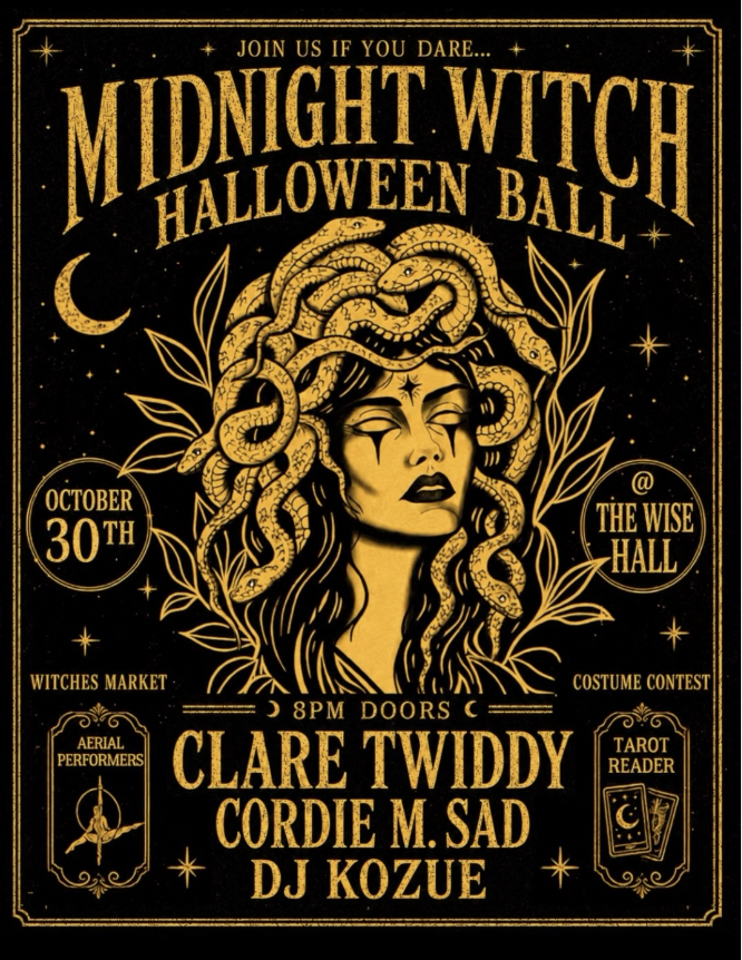 An illustration for the Midnight Witch Halloween Ball event, featuring a woman with snake-like hair and a pentagram on her forehead, set against a black background with gold text and design elements. The event is on October 30th at The Wise Hall at 8