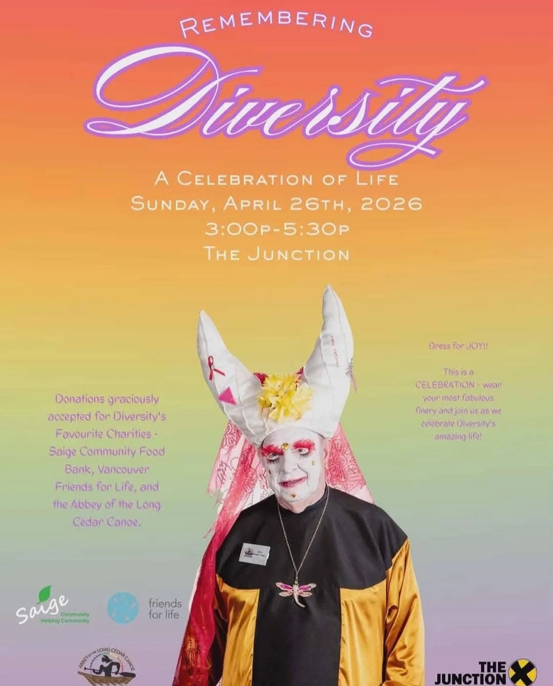 Event poster for Diversity celebration on April 26, 2026, from 3:00 pm to 5:30 pm at The Junction. The poster features a person wearing a large horned headdress, face makeup, a black and yellow jacket, and a butterfly necklace.