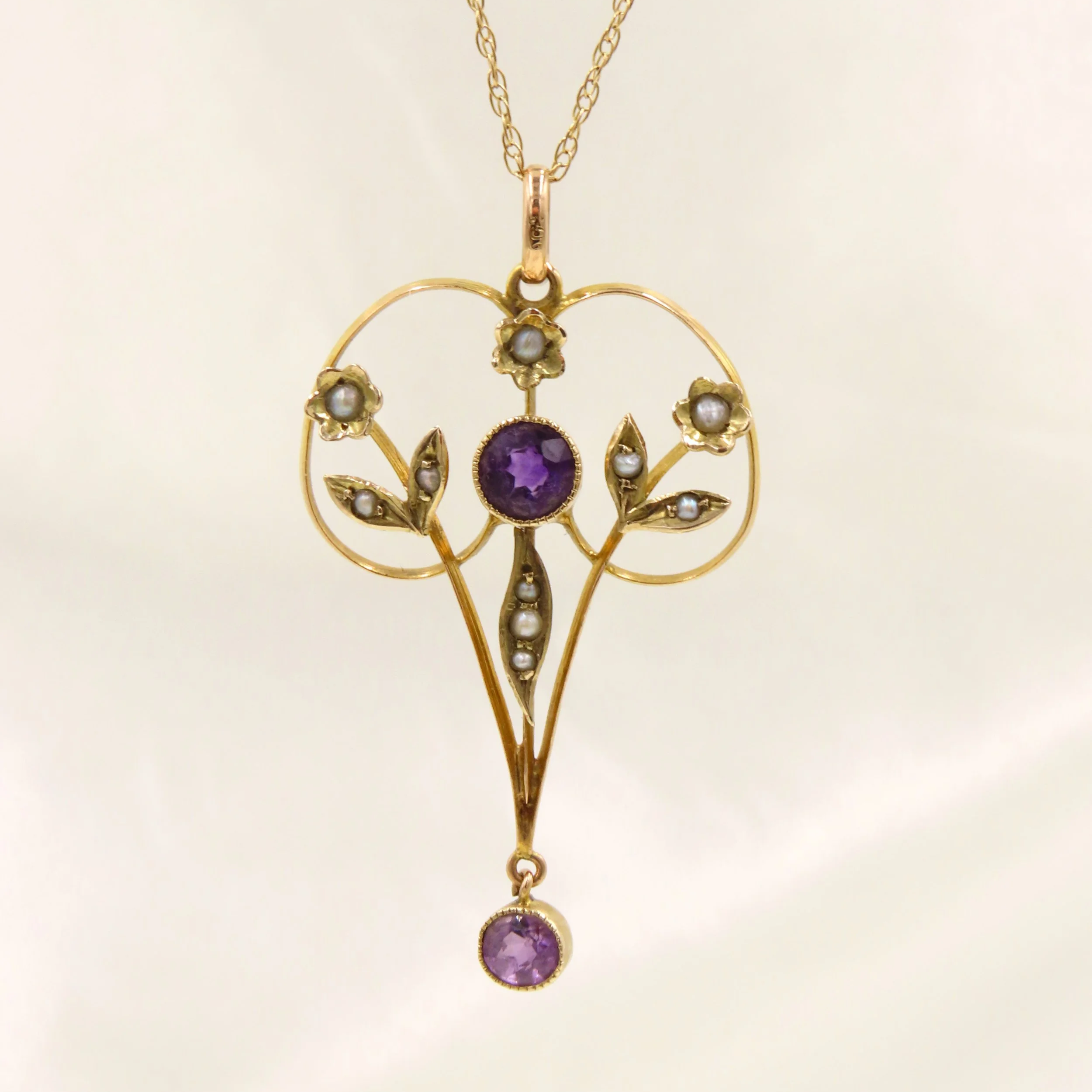 Antique Edwardian 9ct Gold Amethyst and Seed Pearl Lavalier Pendant