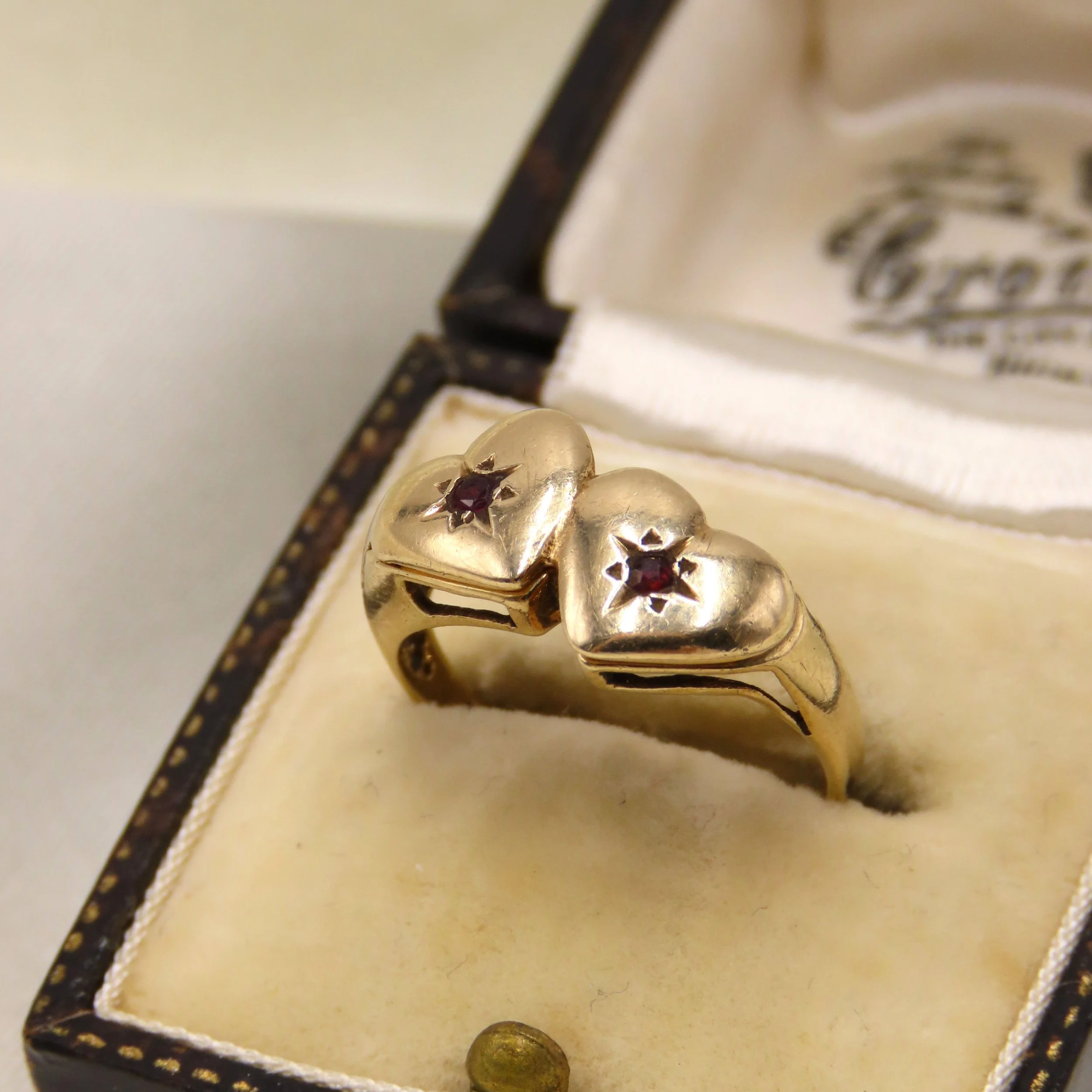 Vintage 9ct Gold Star-set Ruby Double Heart Opening Ring, Size L