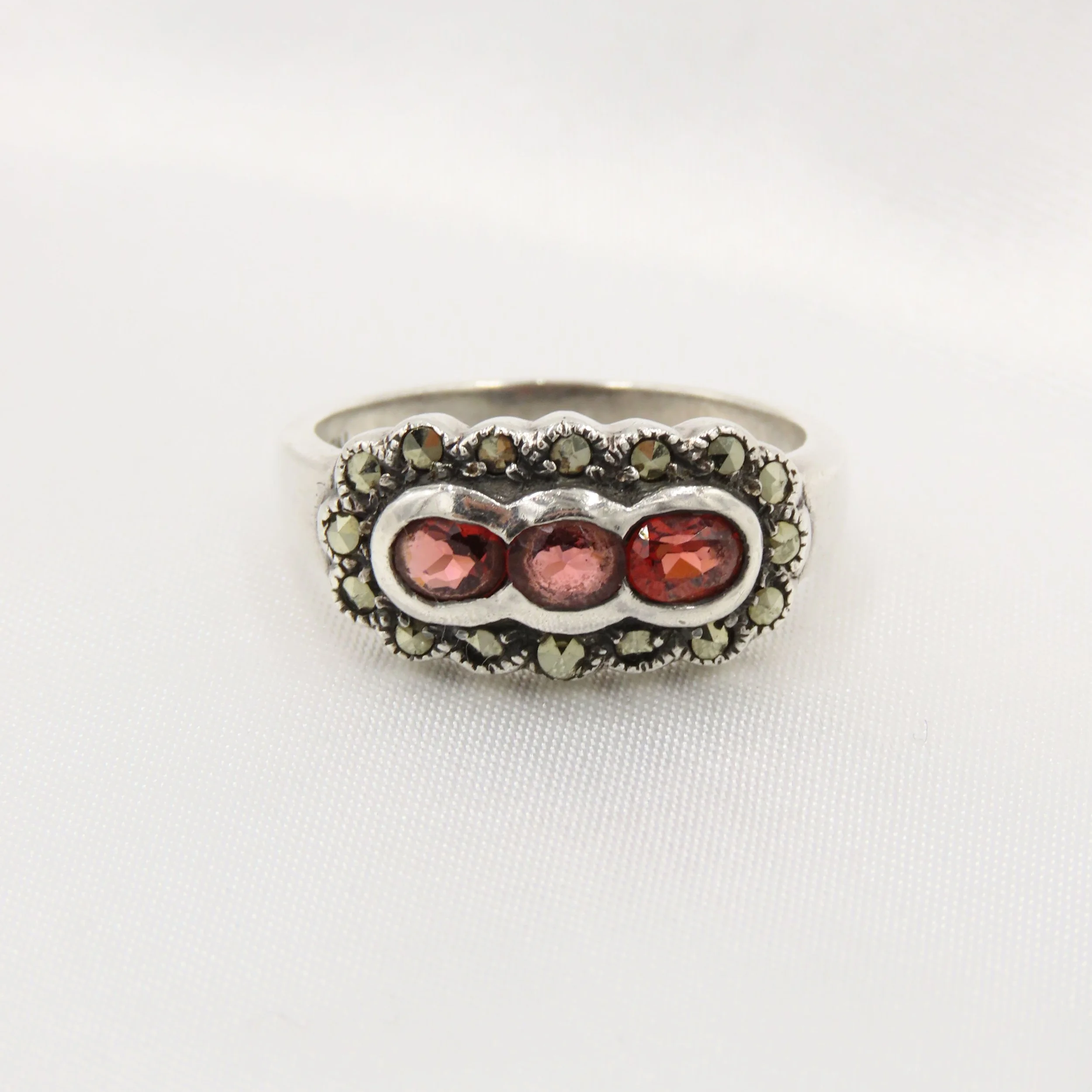 Pre-loved Sterling Silver Garnet & Marcasite Ring, Size N
