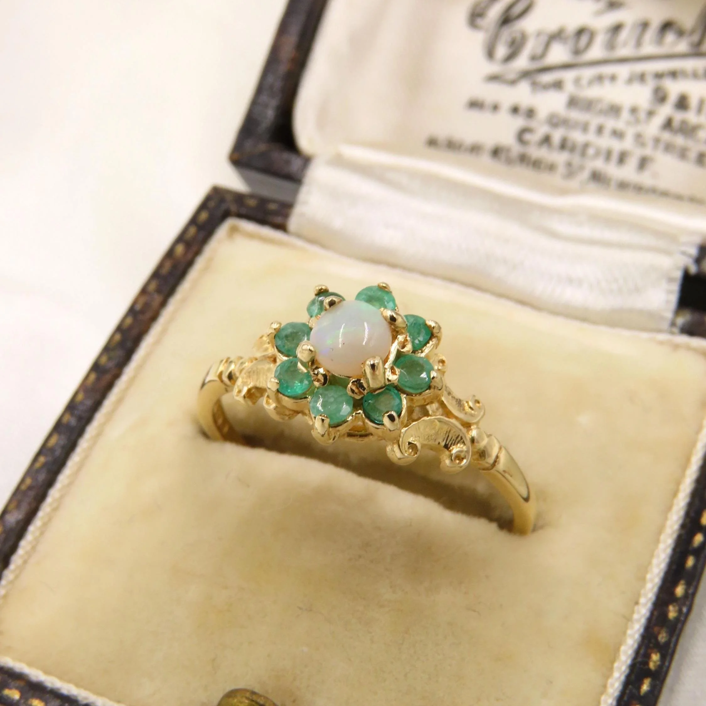 Vintage 1978 9ct Gold Opal and Emerald Floral Cluster Ring, Size N
