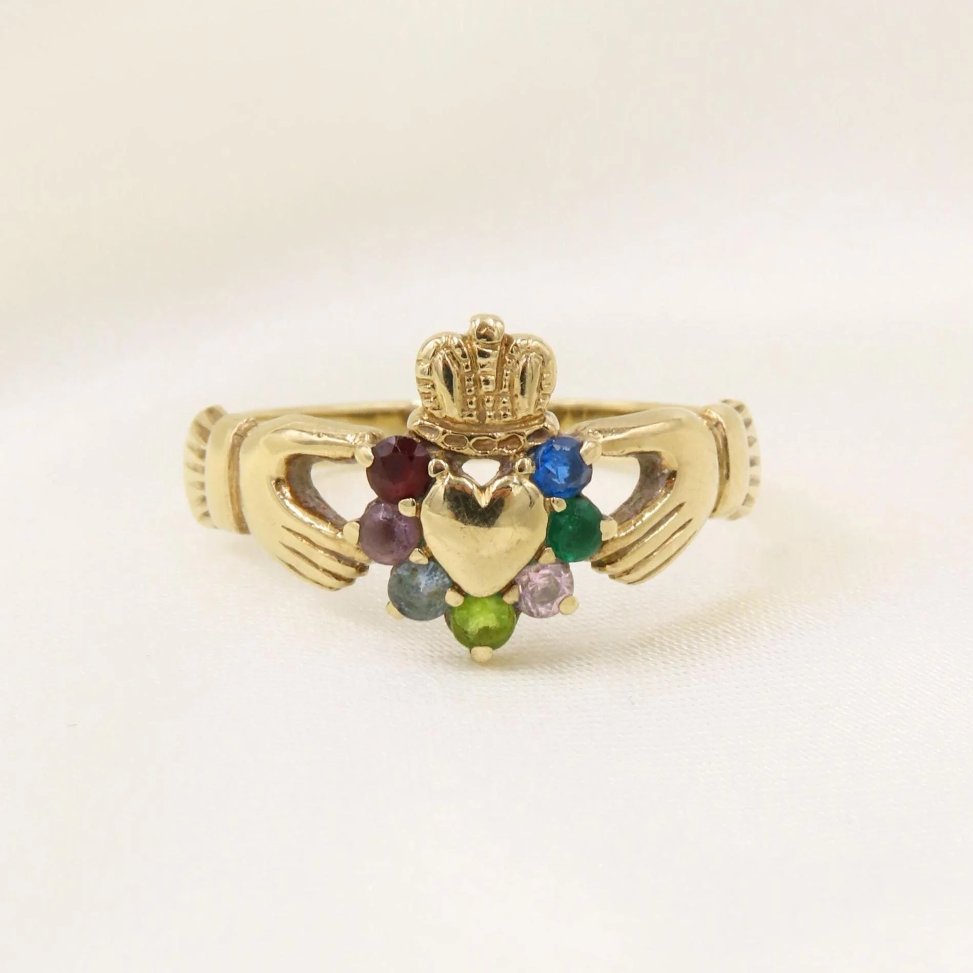 Pre-loved 9ct Gold Multi-Gemstone Claddagh Ring, Size O