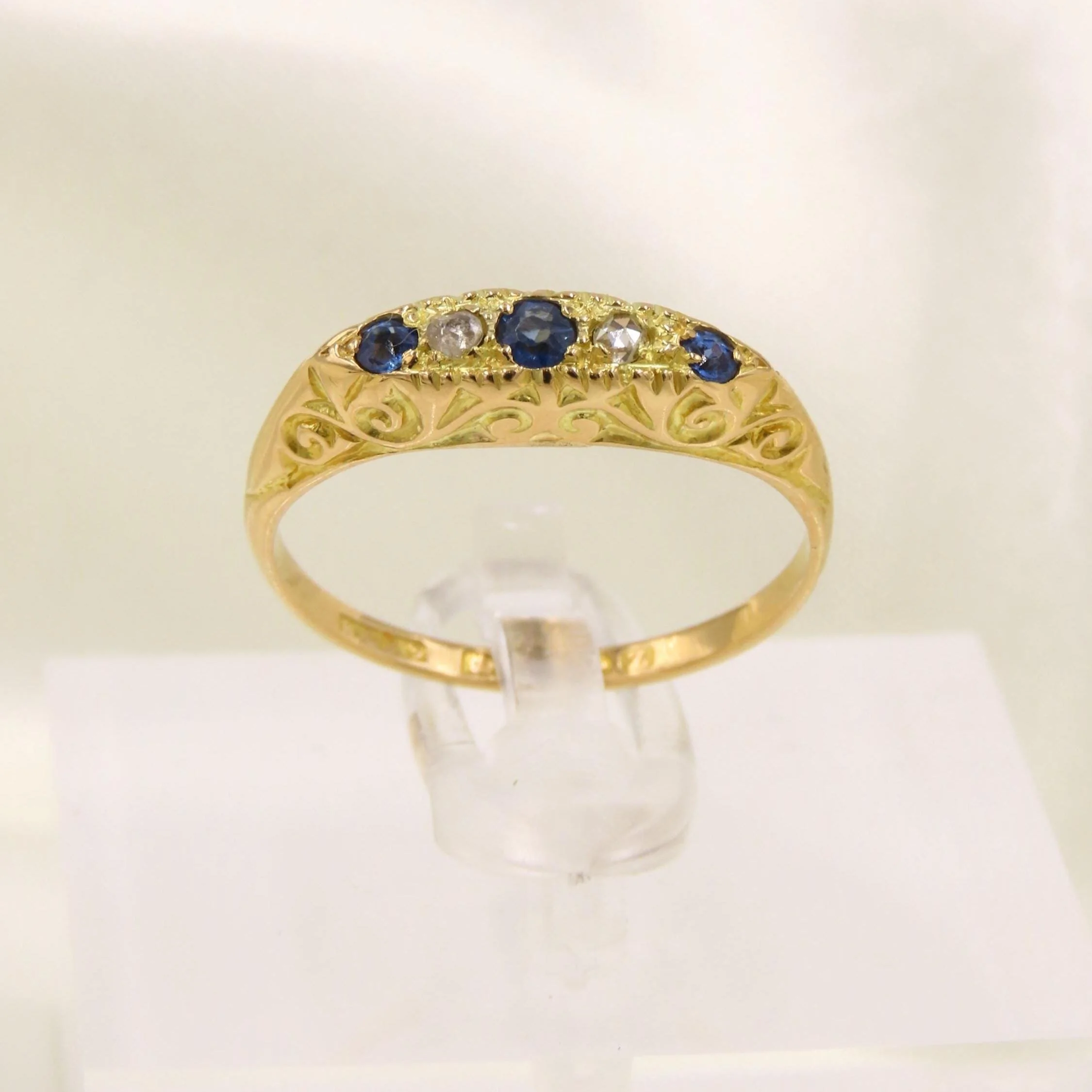 Antique 1924 18ct Gold Sapphire and Diamond Five Stone Ring, Size O