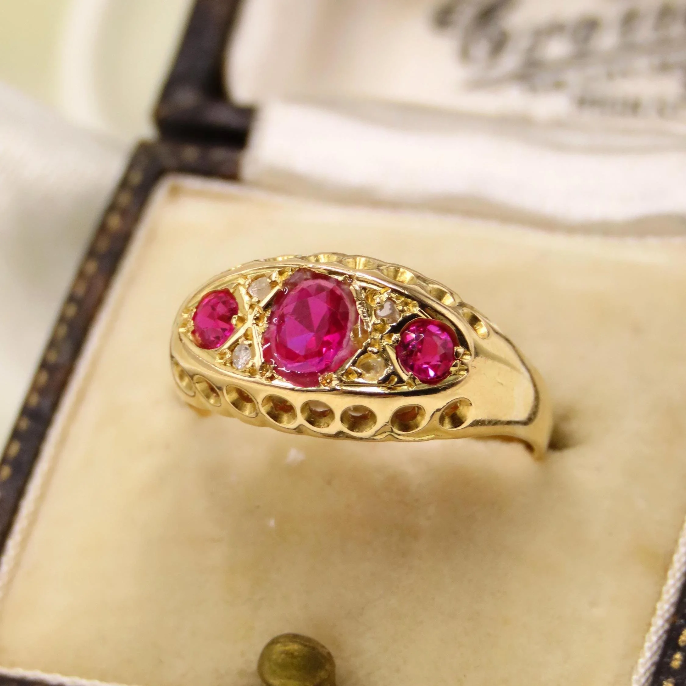 Antique 1919 18ct Gold Synthetic Ruby & Diamond Seven-stone Ring, Size N 1/2