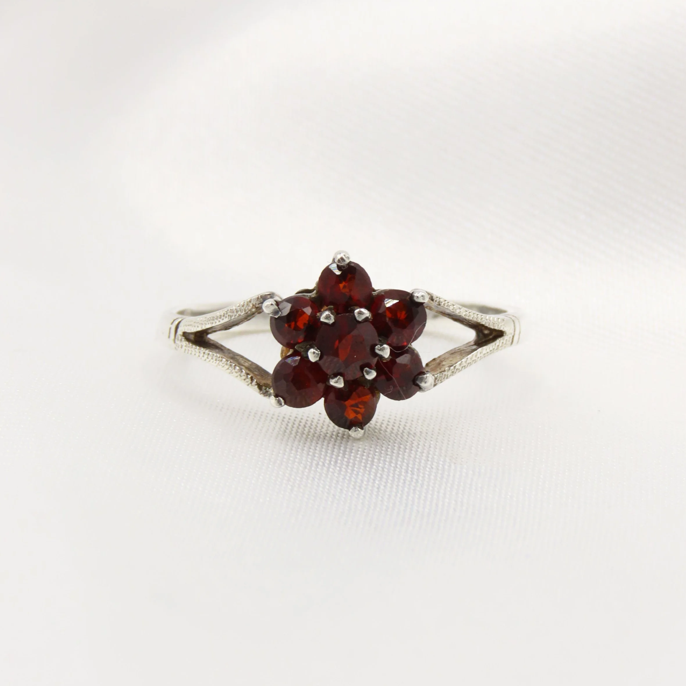 Vintage Sterling Silver Garnet Floral Cluster Ring, Size O