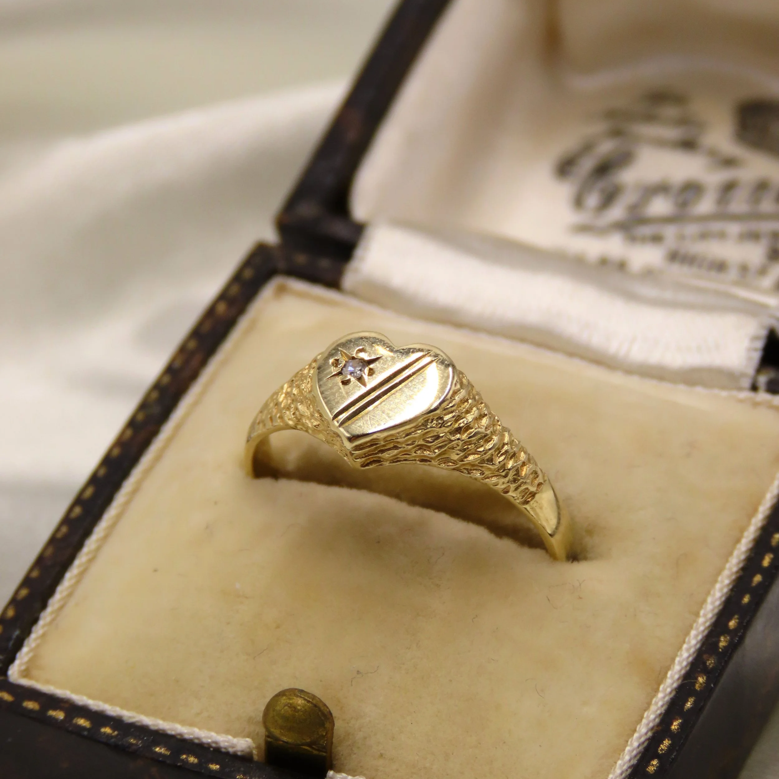Vintage 9ct Gold Diamond Star-Set Heart Engraved Signet Ring, Size M 1/2