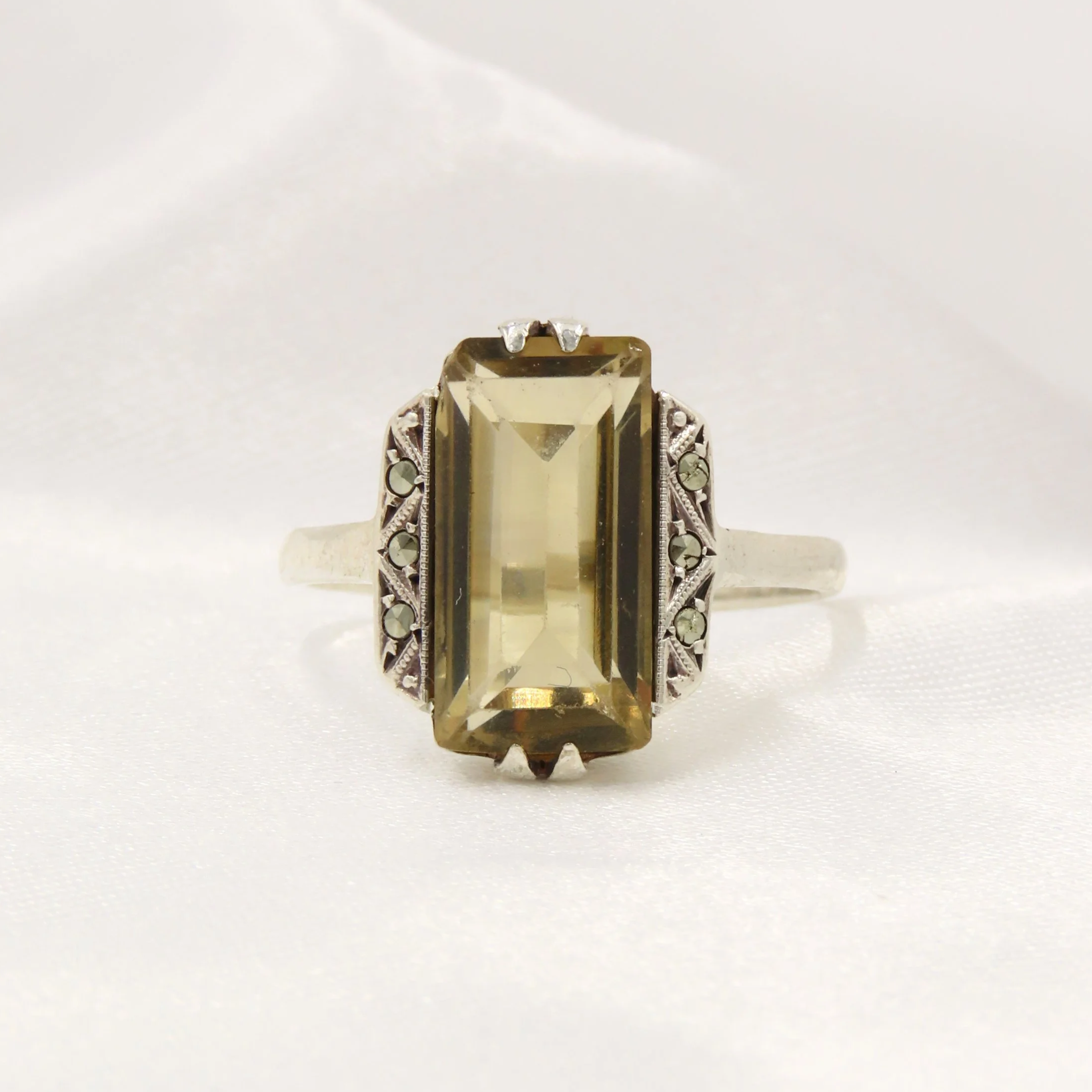 Vintage 935 Silver Art Deco Style Smoky Quartz & Marcasite Ring, Size Q