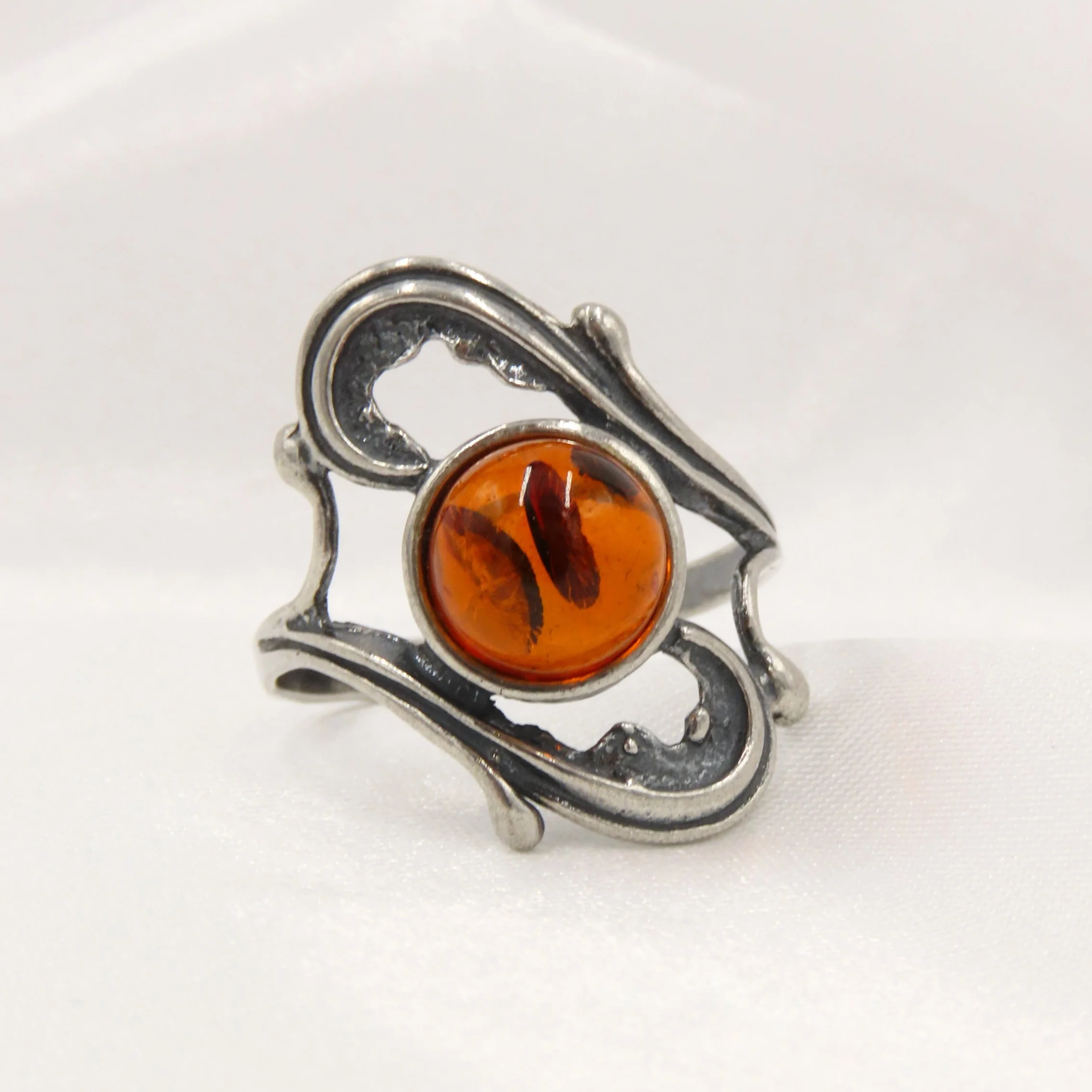 Pre-loved Sterling Silver Amber Ring with Decorative Setting, Size P