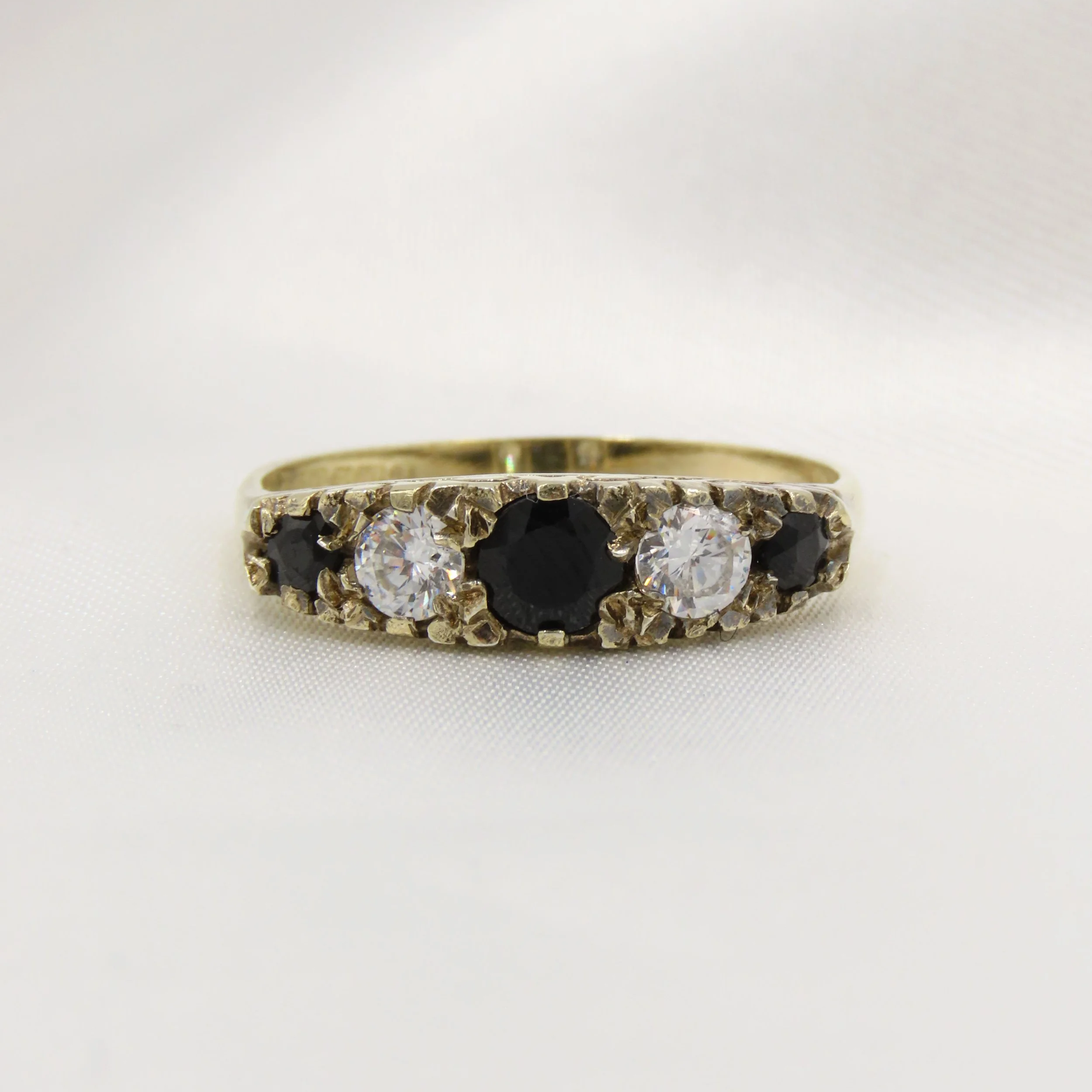 Vintage 1990 Sterling Silver Gilt, Sapphire and Cubic Zirconia 5 Stone Ring, Size R 1/2