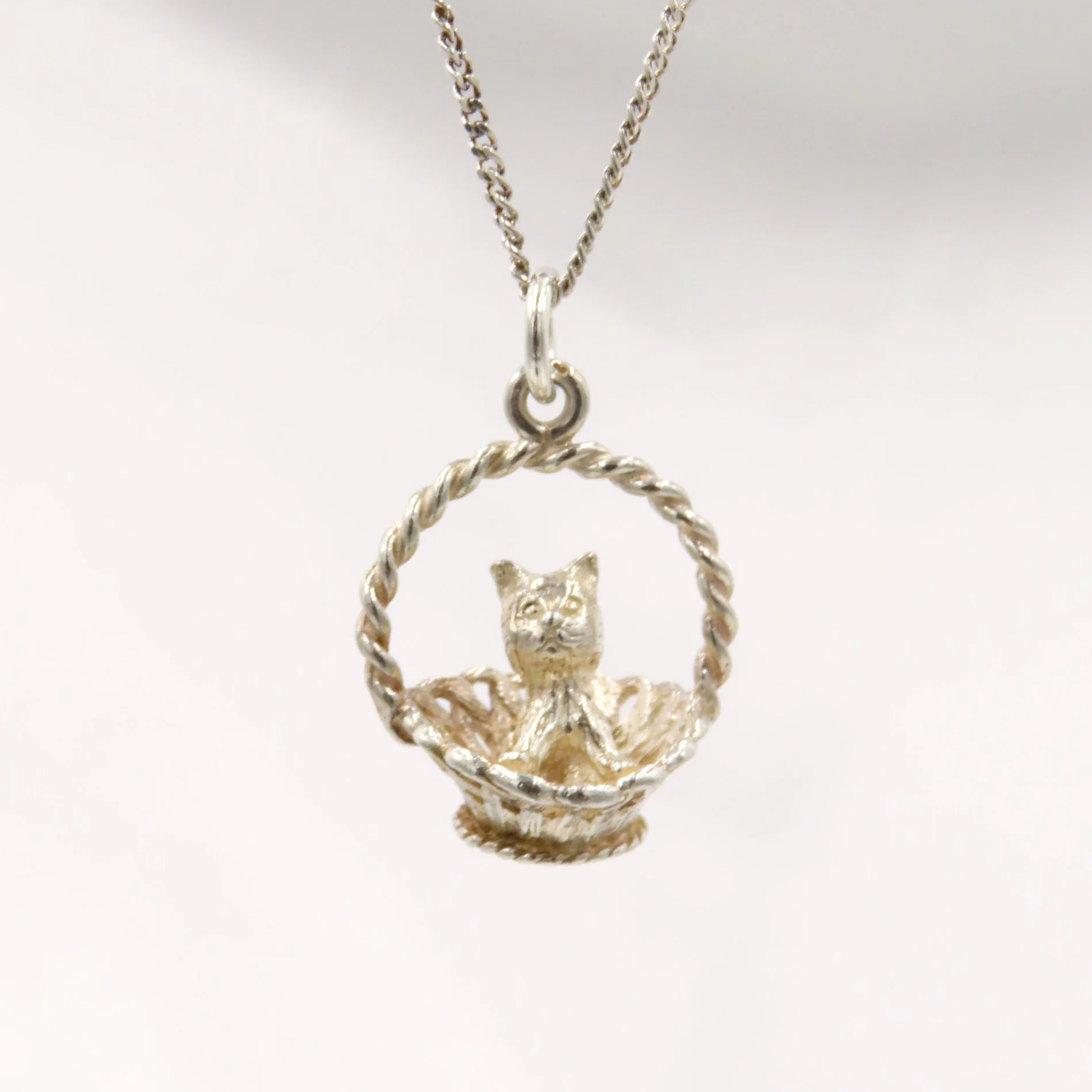 Silver Kitten in a Basket Charm