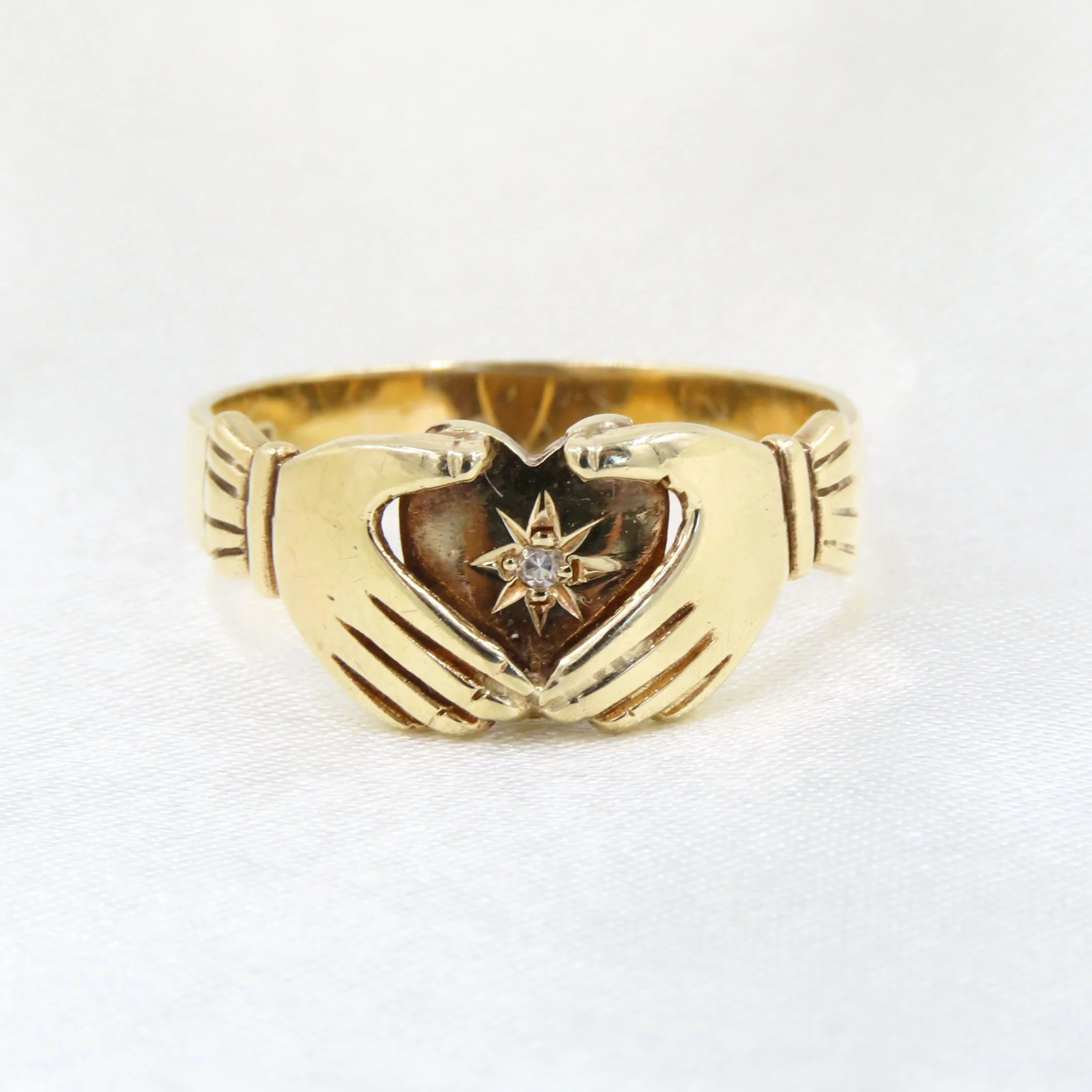 Vintage 1984 9ct Gold Diamond Star Set Fenian Claddagh or Fede Ring, Size P 1/2