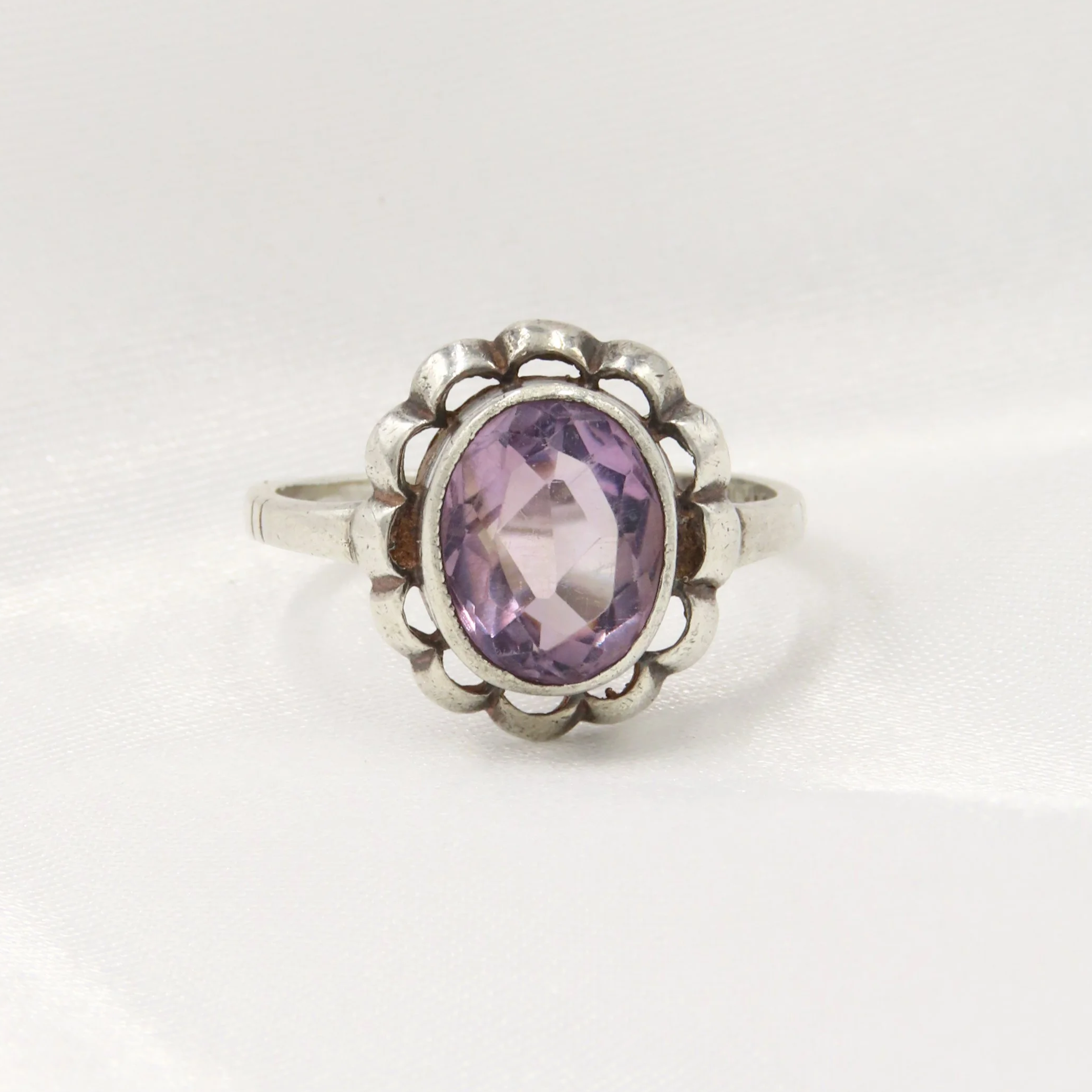 Vintage Sterling Silver Amethyst Floral Bezel Set Ring, Size Q