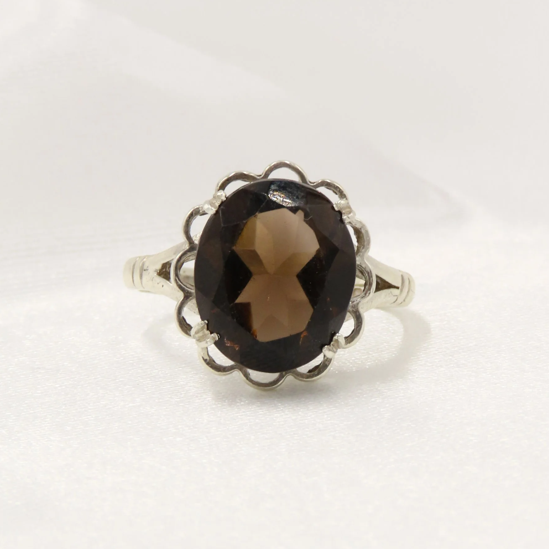Vintage 1976 Sterling Silver Smoky Quartz Cocktail Ring, Size M 1/2