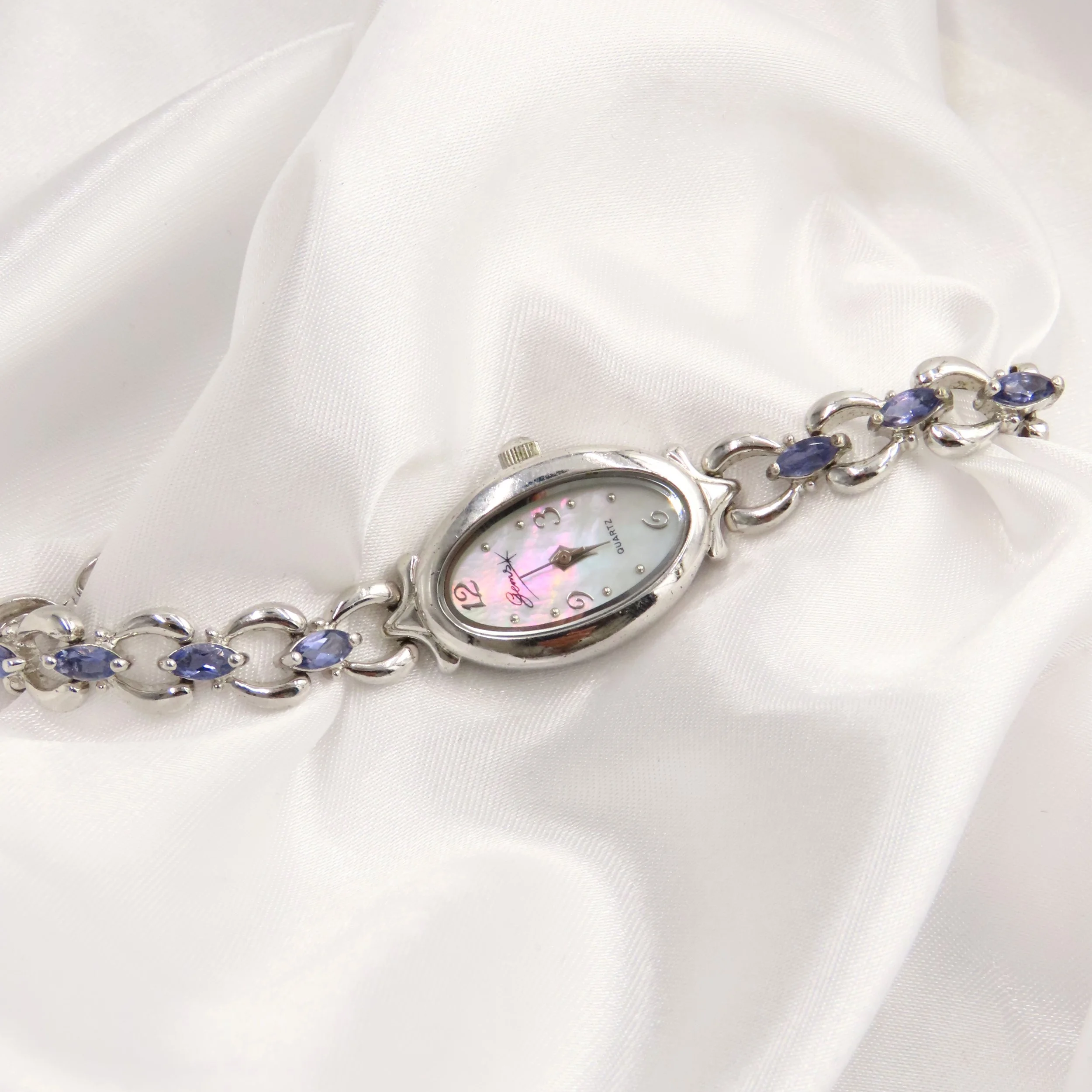 Sterling Silver Gems Quartz Bracelet Watch With Iolite Gemstones