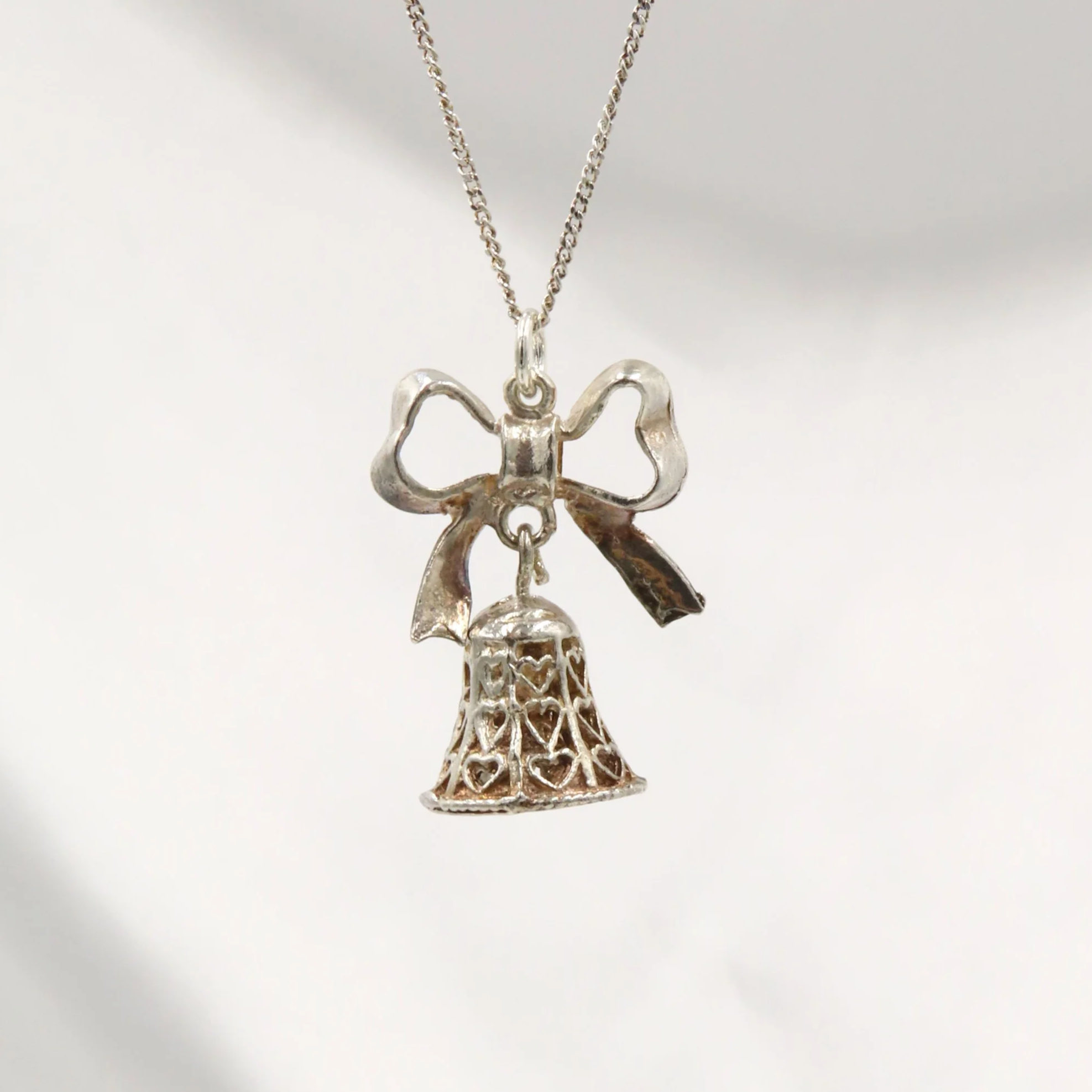 Silver Heart Bell with Bow Charm
