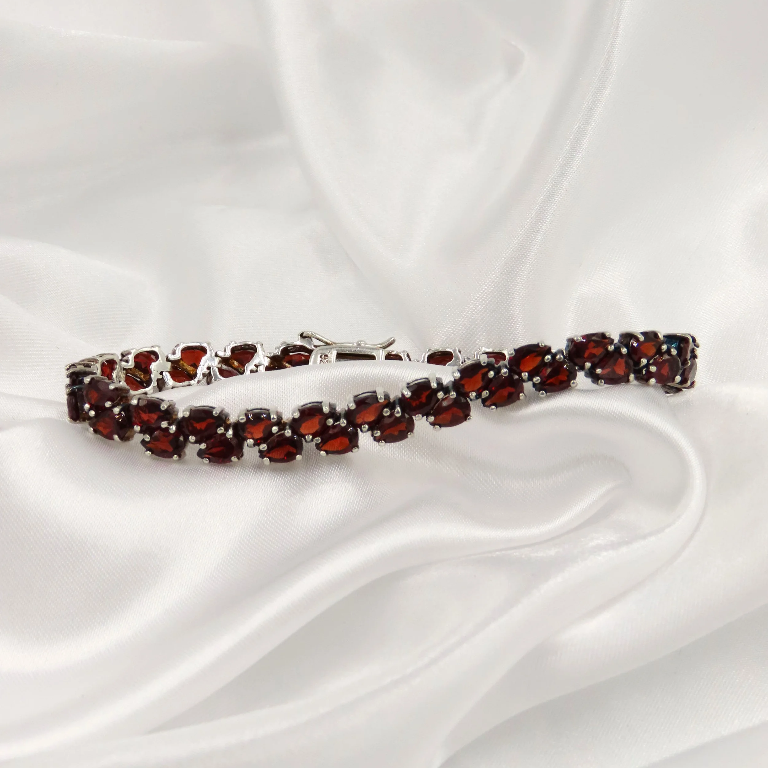 Sterling Silver Pear Cut Garnet Double Row Tennis Bracelet