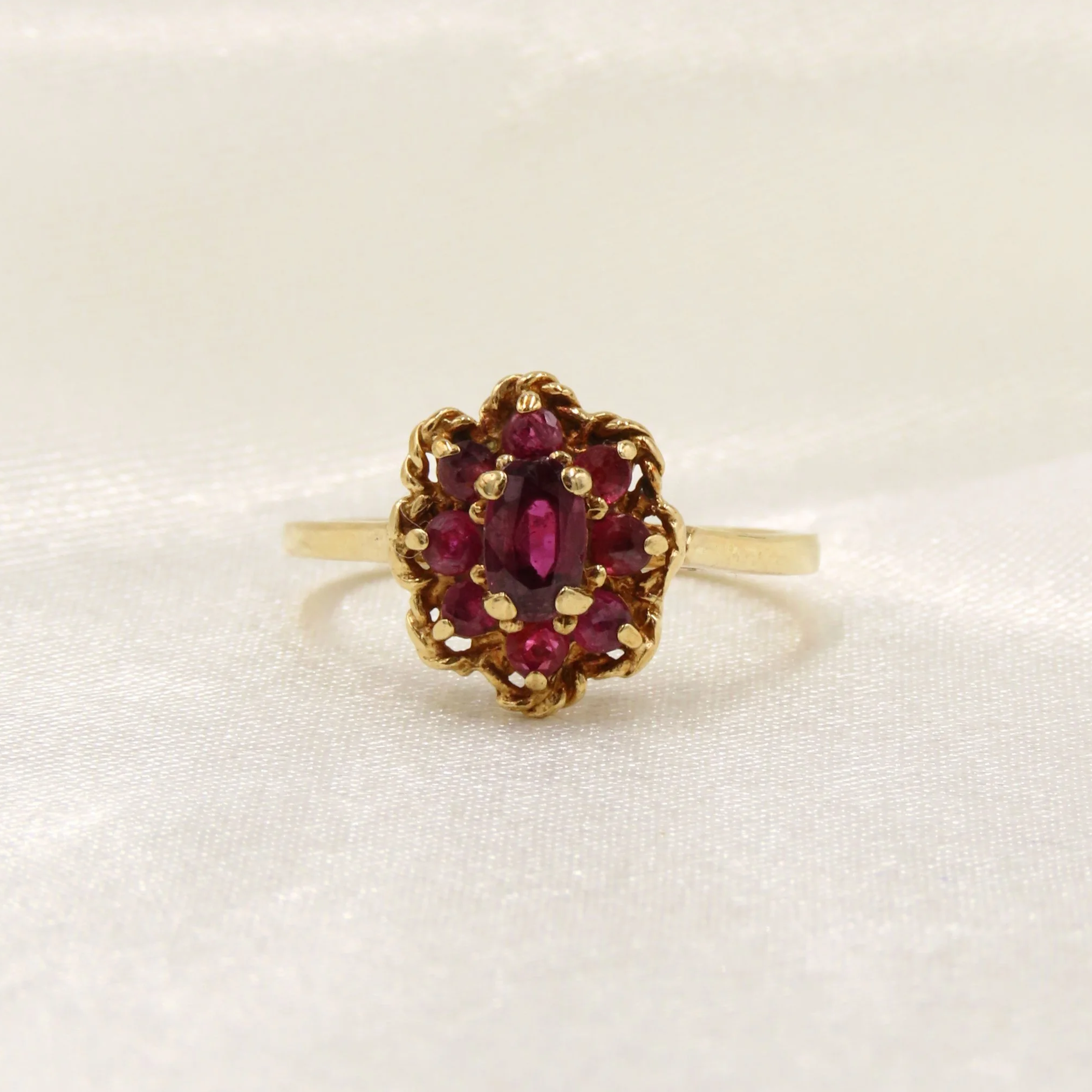 Vintage 1980 9ct Gold Ruby Cluster Ring, Size K