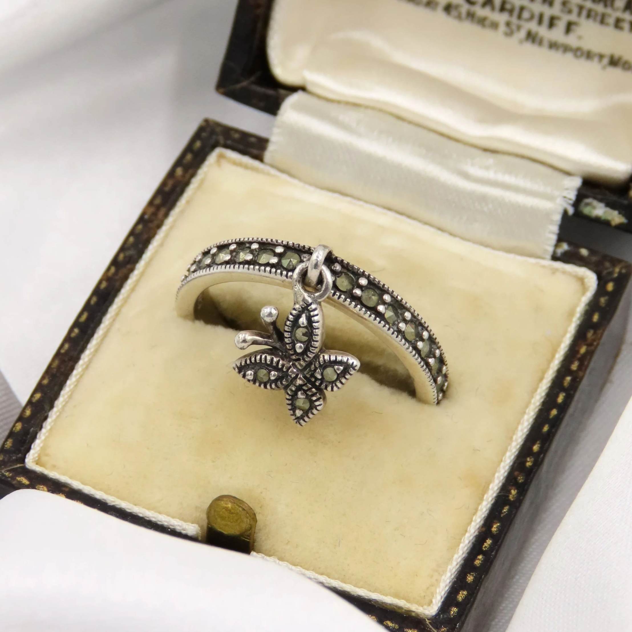 Sterling Silver Marcasite Butterfly Charm Ring, Size Q
