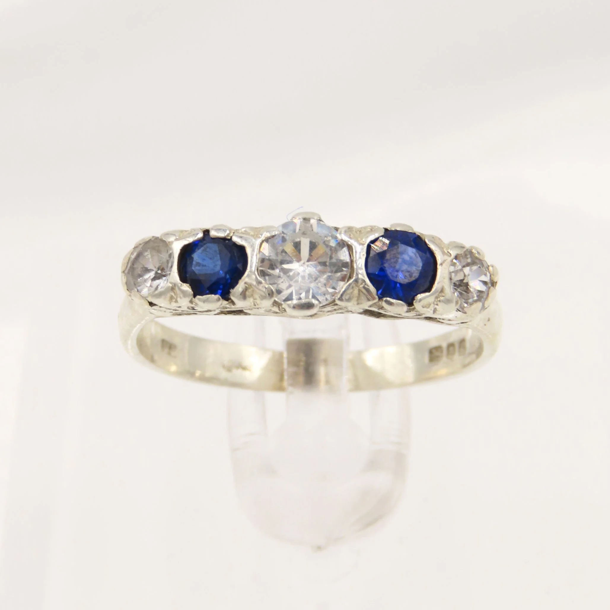 Vintage 1978 Sterling Silver Synthetic Sapphire & Spinel Five Stone Ring, Size O