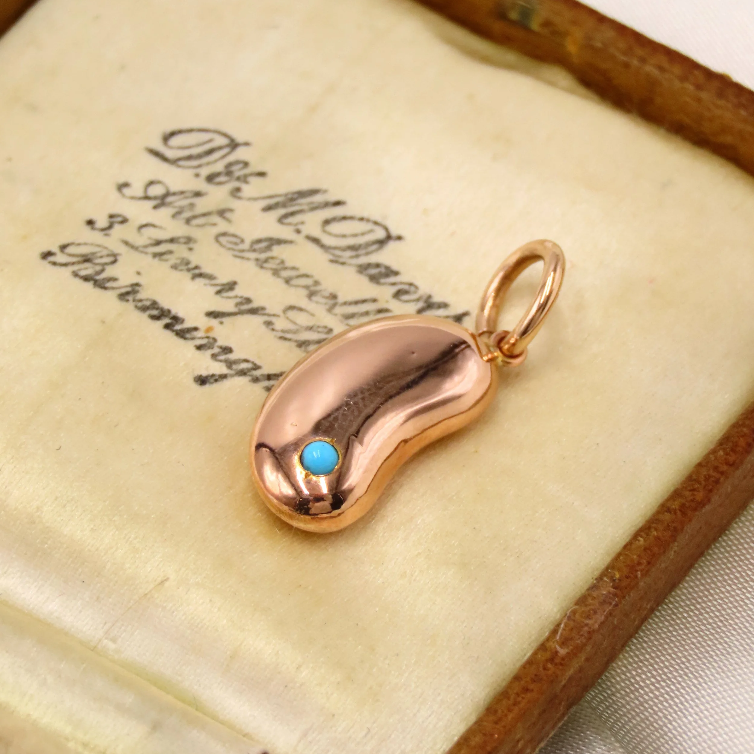Antique Victorian 9ct Rose Gold & Turquoise Lucky Bean Charm