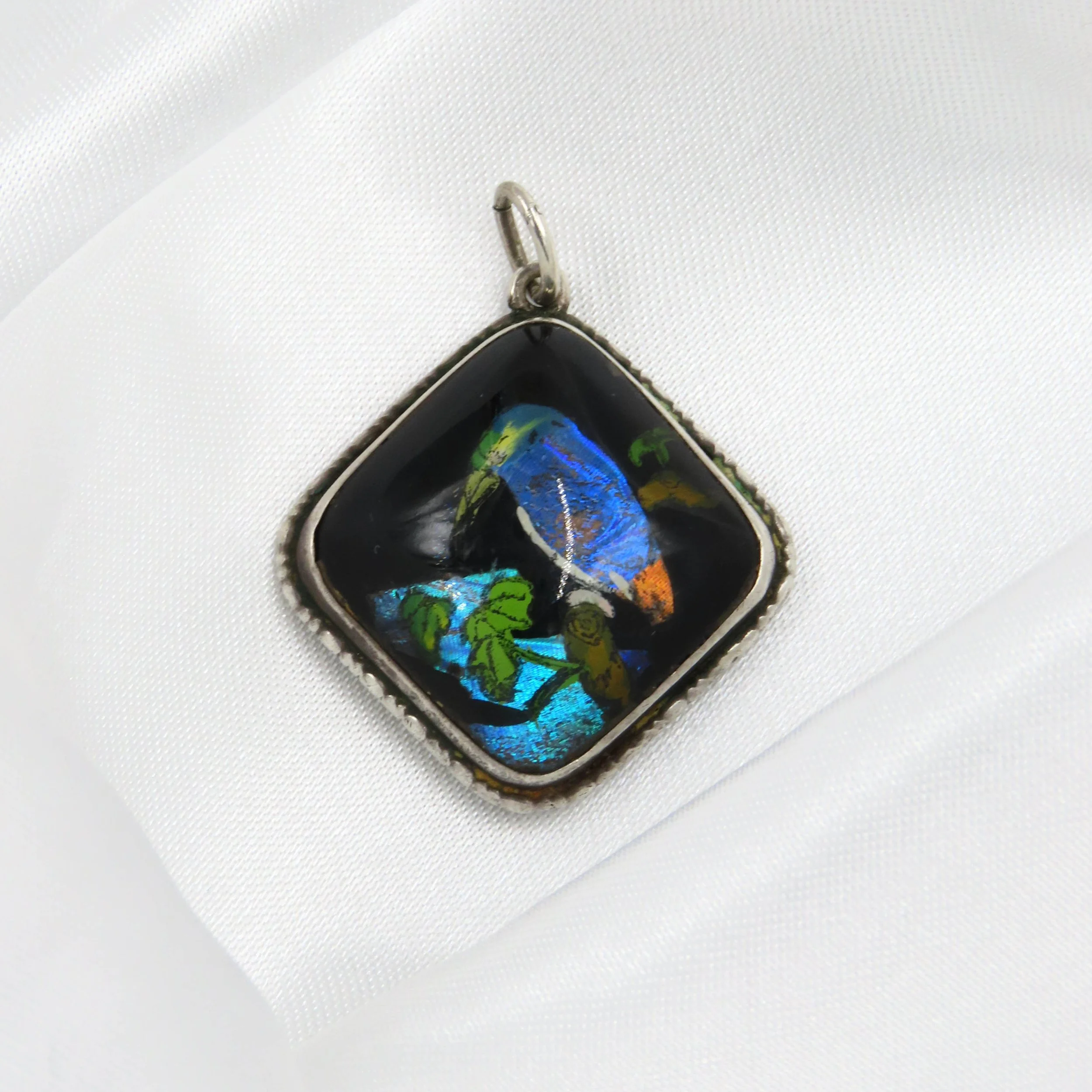 Art Deco Sterling Silver Bird Scene Butterfly Wing Pendant