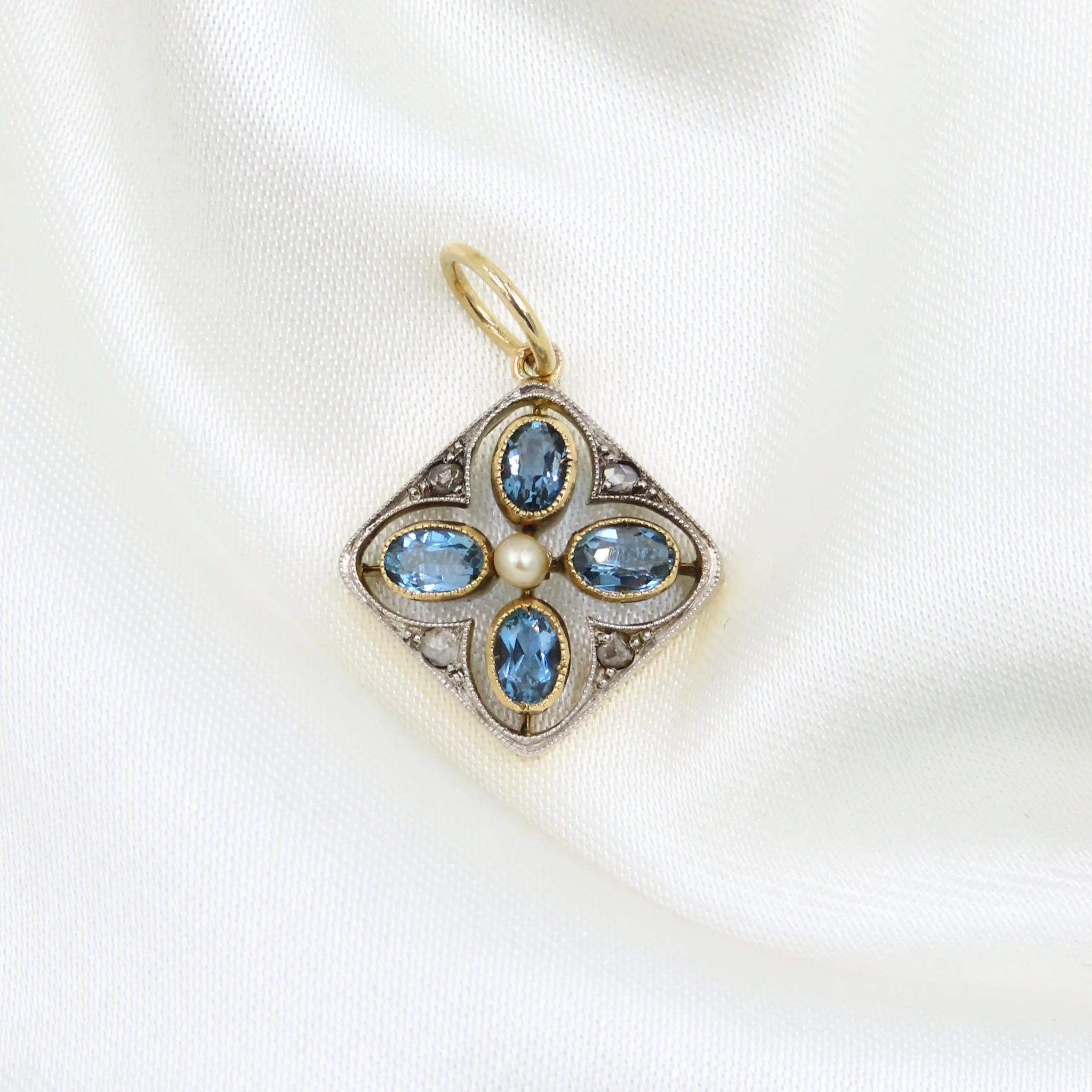 Edwardian 15ct Gold Aquamarine, Seed Pearl & Diamond Charm