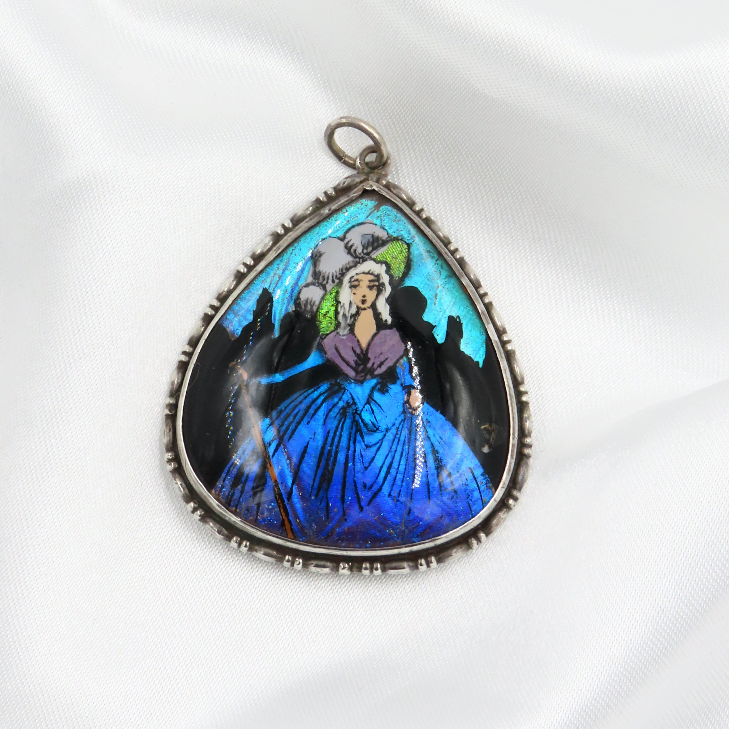 Art Deco Sterling Silver Crinoline Lady Butterfly Wing Pendant