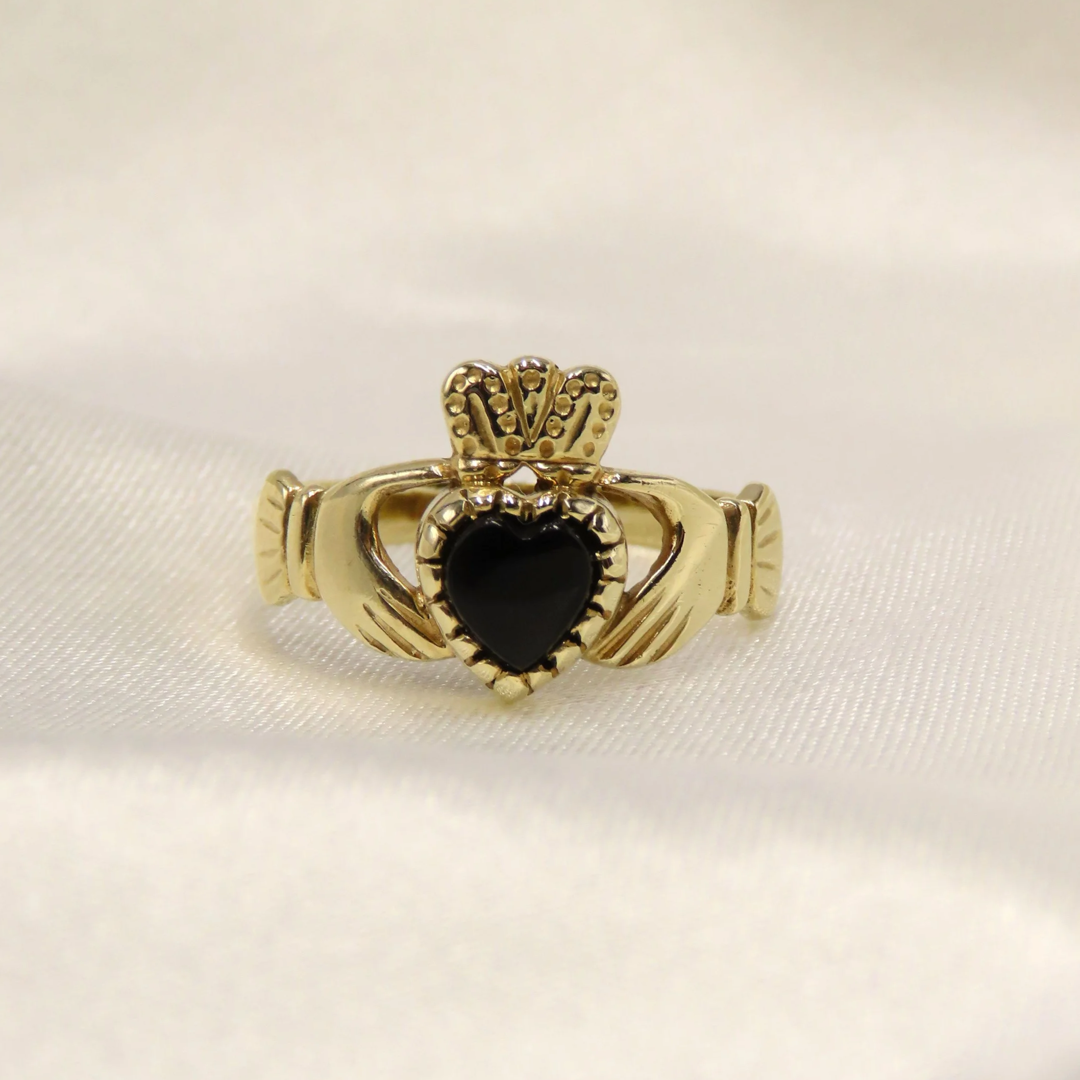 9ct Gold Onyx Heart Claddagh Ring, Size Q