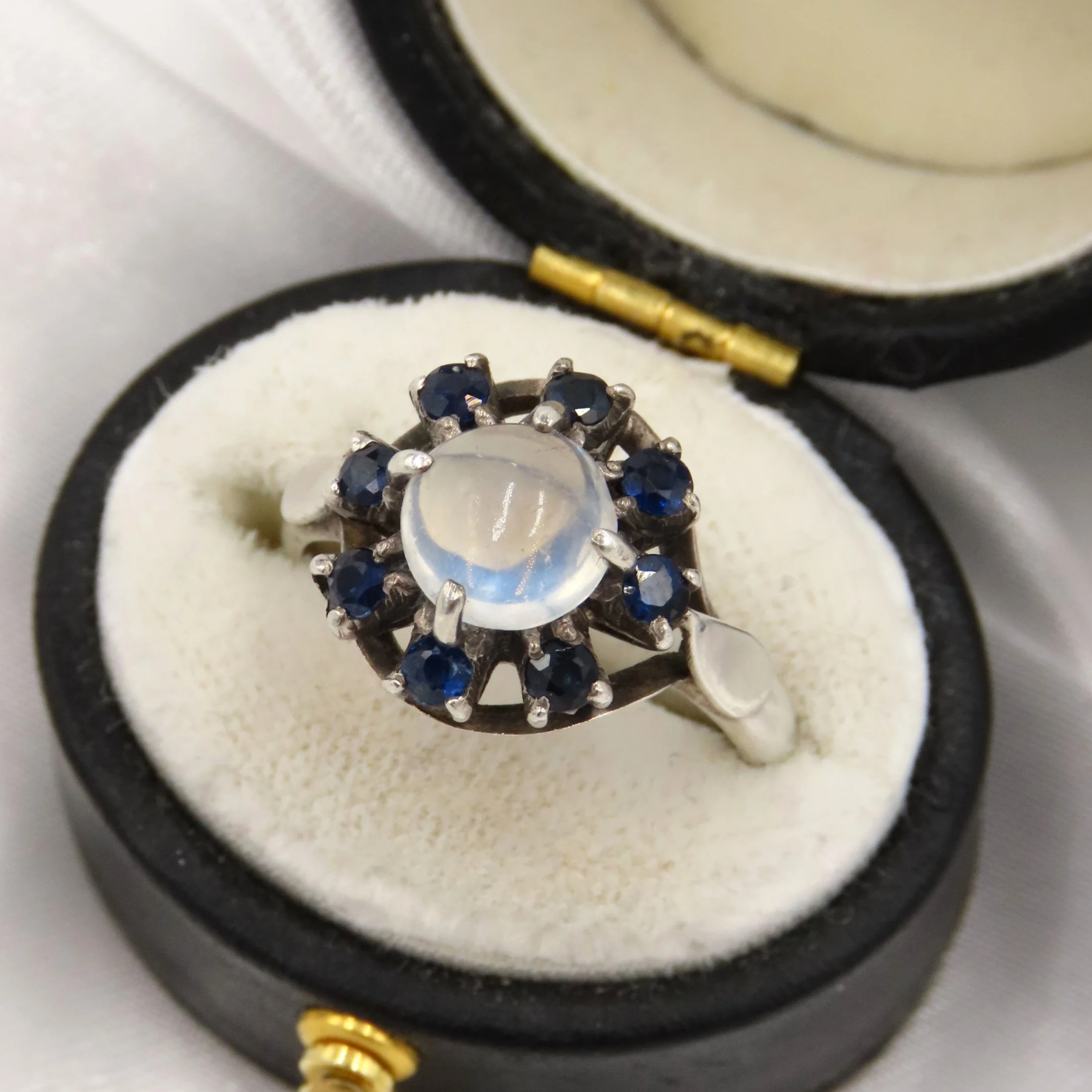 Sterling Silver Moonstone and Sapphire Halo Ring, Size K 1/2