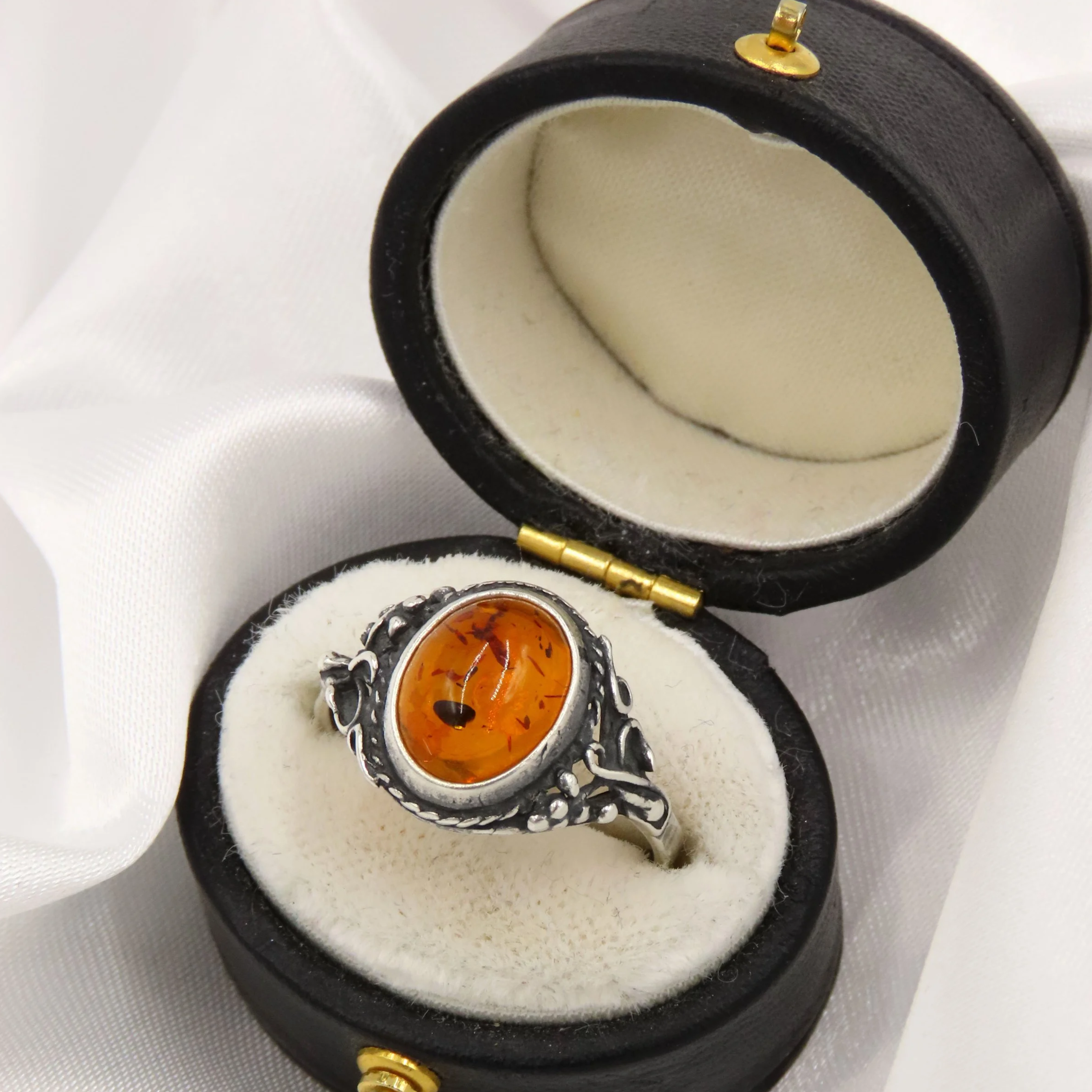 Sterling Silver Amber Ring with Detailed Shoulders, Size N