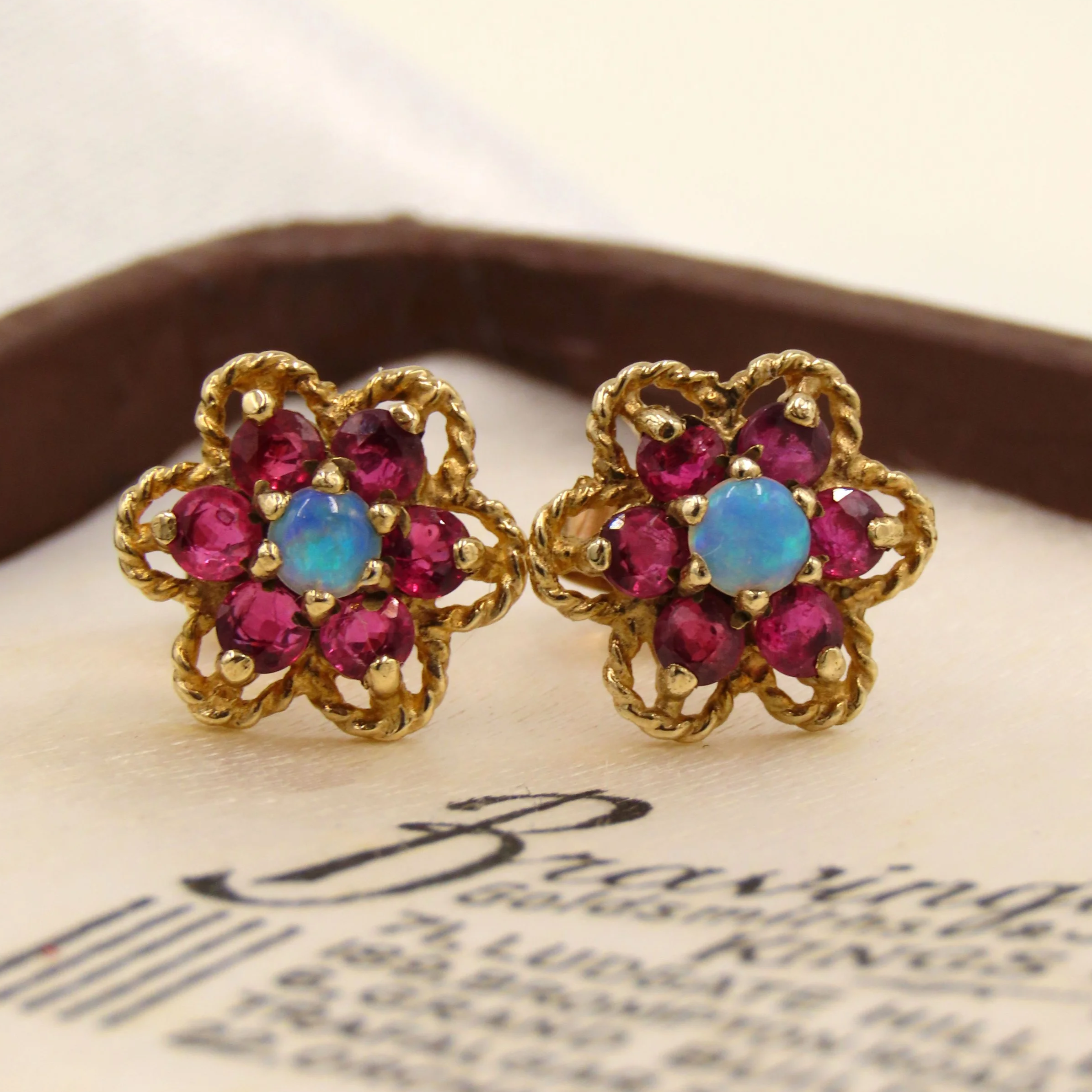 Vintage 9ct Gold Opal and Ruby Cluster Stud Earrings