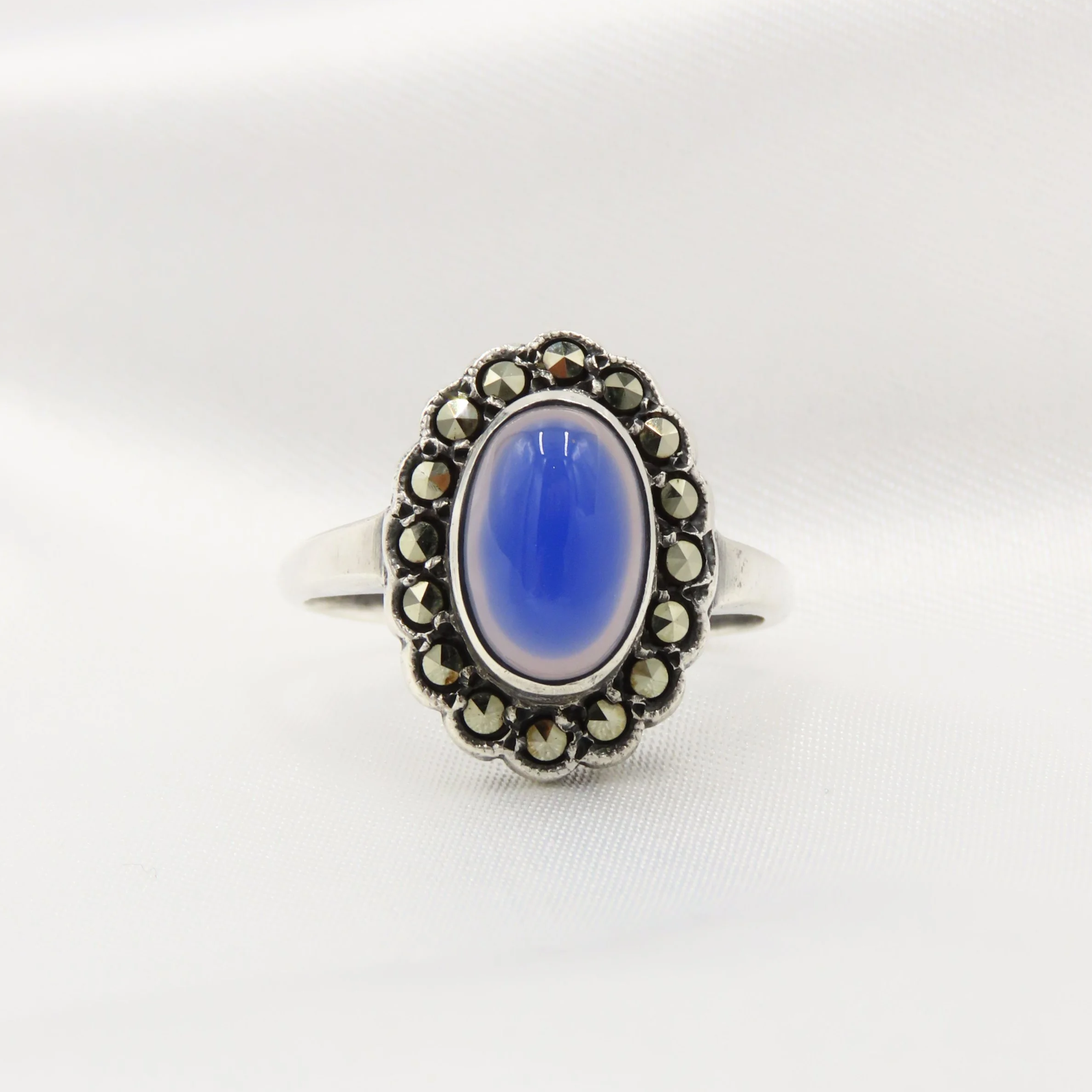 Vintage Sterling Silver Blue Chalcedony & Marcasite Halo Ring, Size P 1/2