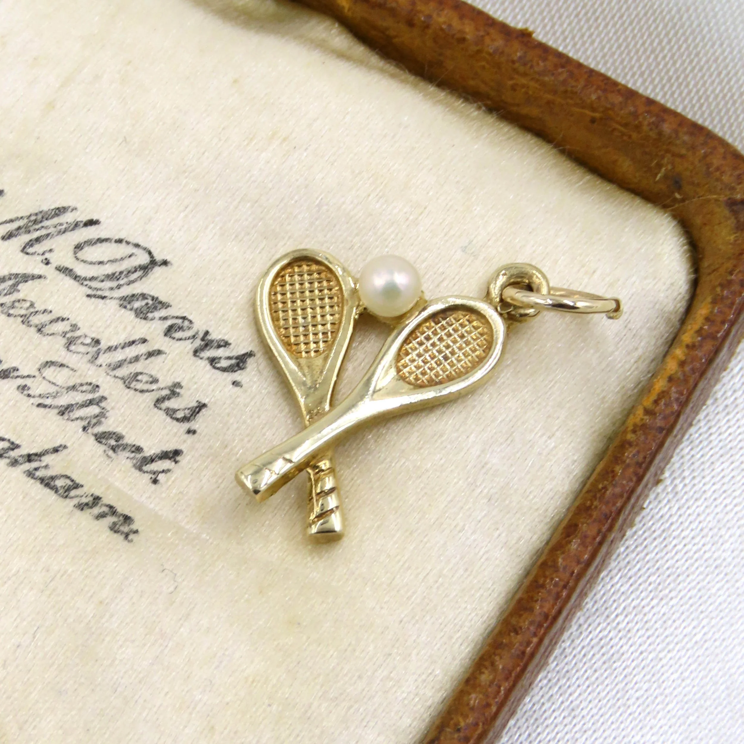 9ct Gold Double Tennis Racket & Cultured Pearl Charm