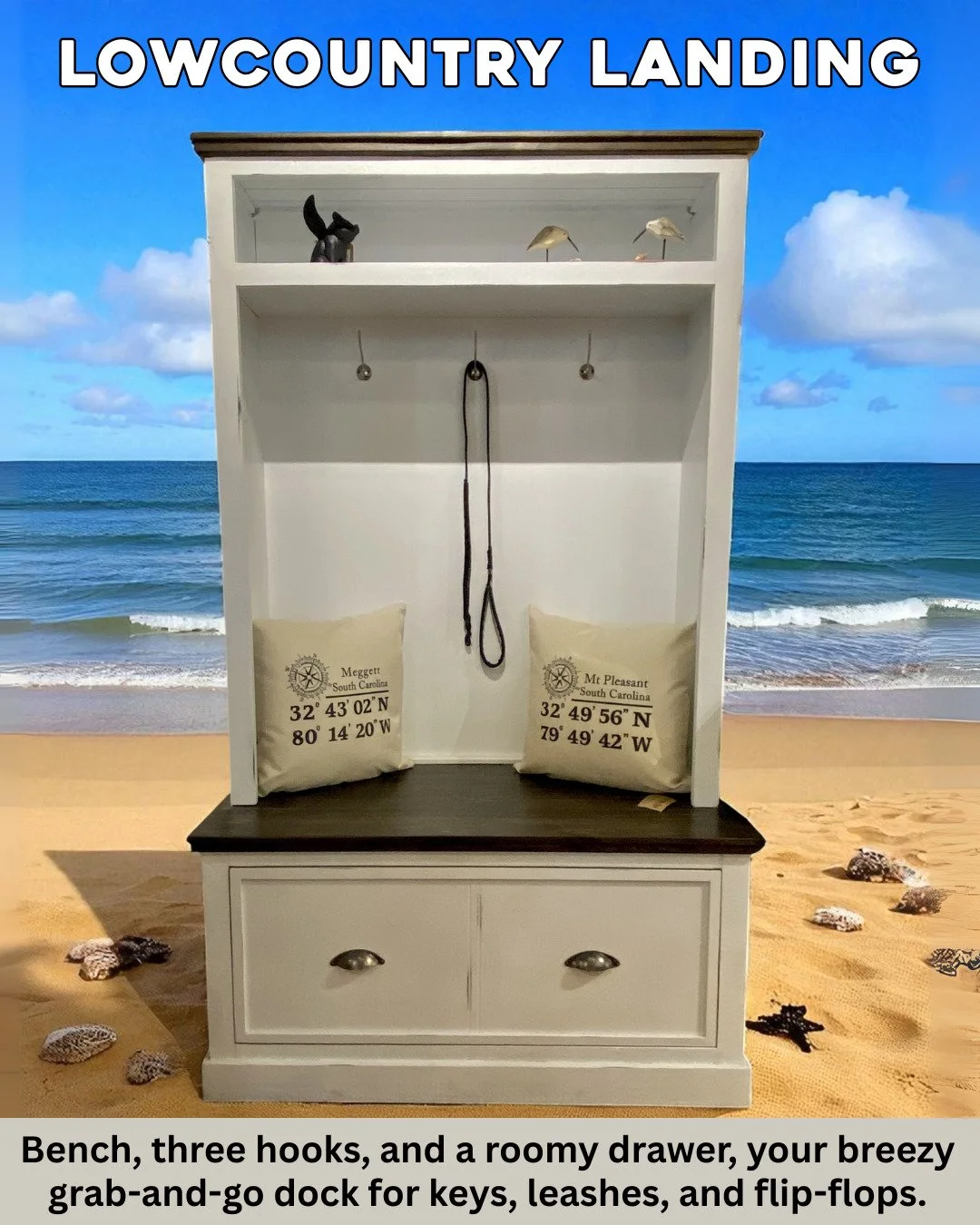 𝙏𝙝𝙚 𝘽𝙧𝙚𝙚𝙯𝙮 𝘿𝙧𝙤𝙥 𝙕𝙤𝙣𝙚!&thinsp;
Grab-and-go just got gorgeous.&thinsp;
Bench + 3 hooks + deep bottom drawer = the clutter-taming entryway you&rsquo;ve been dreaming about. Aged white finish, dark top, and comfy seat&mdash;perfect for k