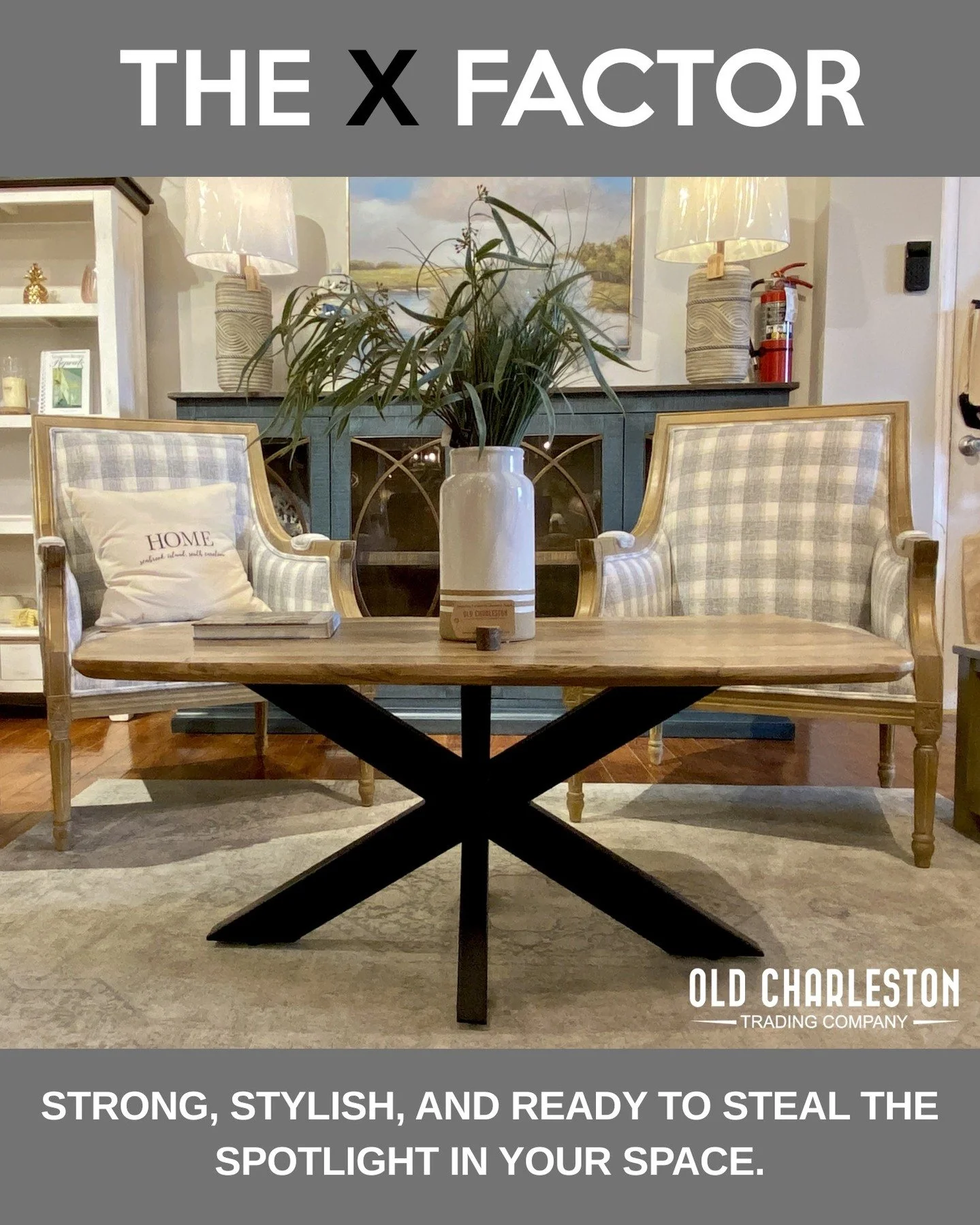 𝑻𝒉𝒆 𝑪𝒆𝒏𝒕𝒆𝒓𝒑𝒊𝒆𝒄𝒆 𝒀𝒐𝒖 𝑫𝒆𝒔𝒆𝒓𝒗𝒆&thinsp;&thinsp;
Every room needs a star&mdash;and this table steals the show. Solid wood, a dramatic X-base, and timeless design that works from Seabrook to Summerville. Come see it styled in store 