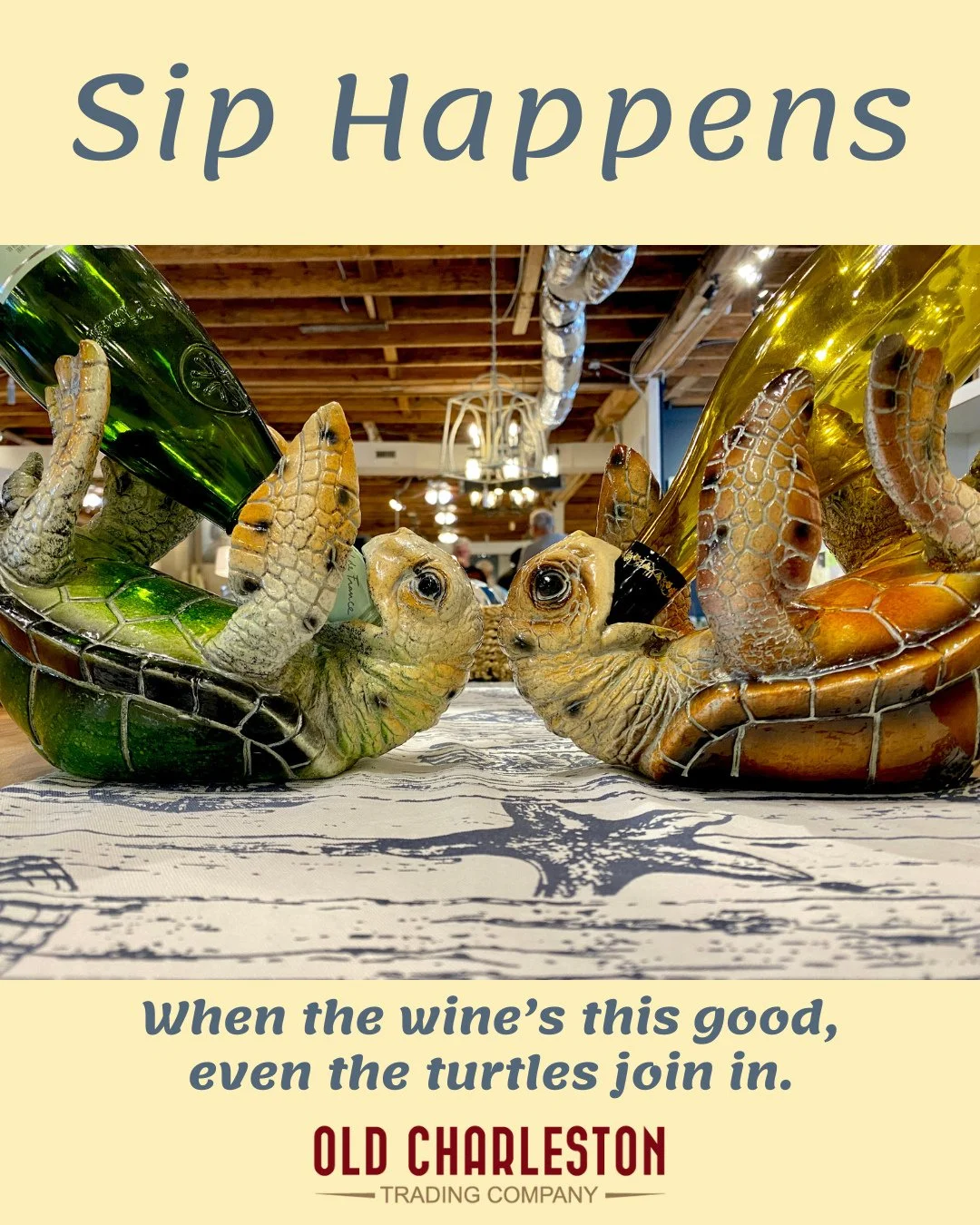 𝑻𝒖𝒓𝒕𝒍𝒆 𝑷𝒐𝒘𝒆𝒓 𝑯𝒐𝒖𝒓⁠
It&rsquo;s always a party when the turtles show up! These playful wine holders are the ultimate mix of coastal d&eacute;cor and good-time vibes. Perfect gift idea or conversation starter for your next dinner.⁠
⁠
📍 V