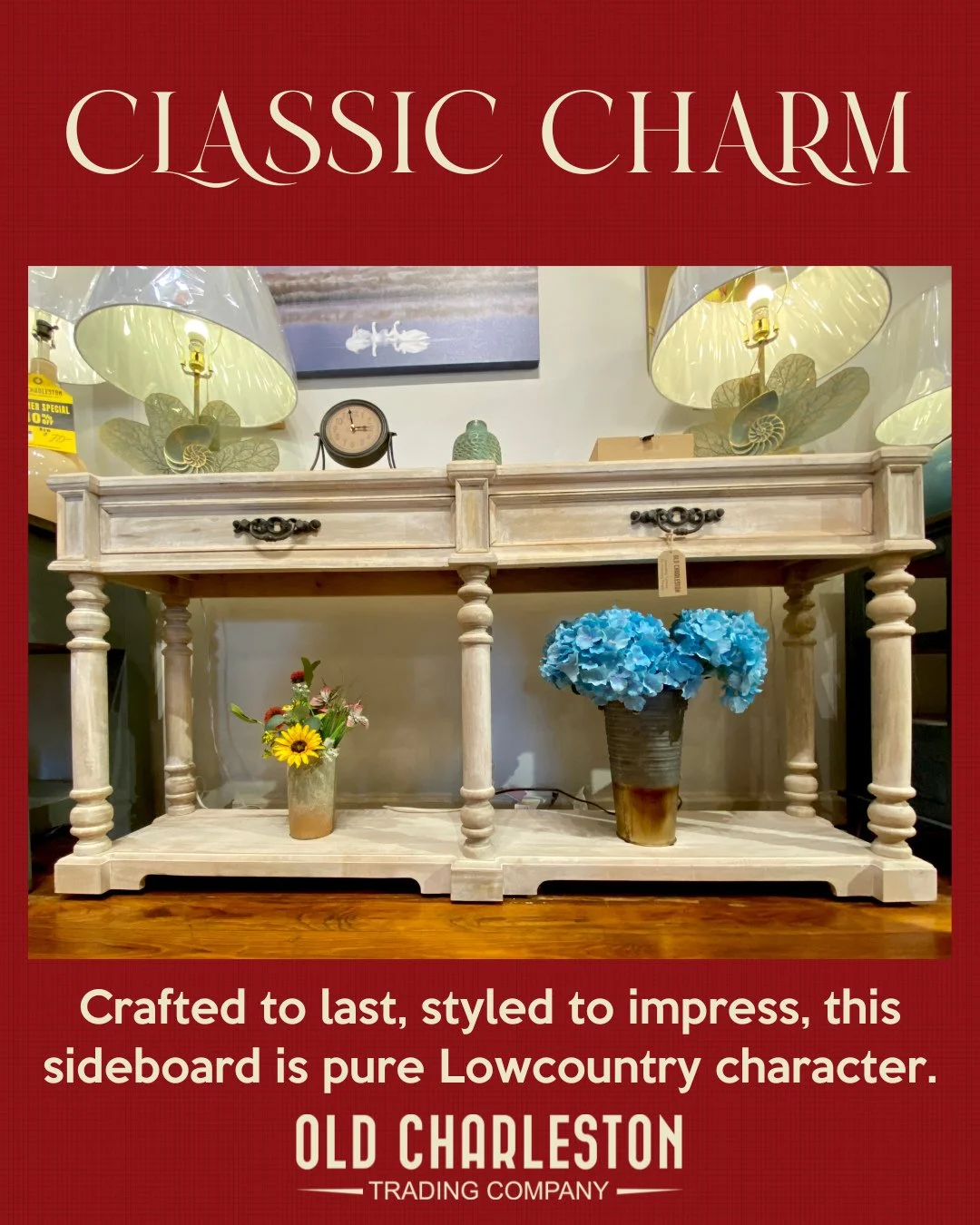 𝗧𝗶𝗺𝗲𝗹𝗲𝘀𝘀 𝗧𝗼𝘂𝗰𝗵⁠
Solid mango wood, handcrafted details, and storage that balances form and function.  From the turned legs to the soft washed finish, this sideboard is all about understated beauty. Add lamps, florals, or coastal accents &