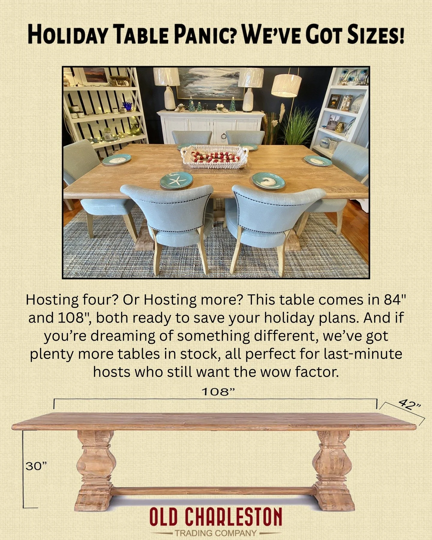 𝗬𝗼𝘂𝗿 𝗛𝗼𝗹𝗶𝗱𝗮𝘆 𝗧𝗮𝗯𝗹𝗲, 𝗦𝗼𝗹𝘃𝗲𝗱. (𝘓𝘢𝘴𝘵-𝘔𝘪𝘯𝘶𝘵𝘦 𝘓𝘪𝘧𝘦𝘴𝘢𝘷𝘦𝘳)&thinsp;
Running out of time and table space? We&rsquo;ve got you covered, Charleston.&thinsp;
This solid-wood mango beauty available in 72&quot;, 84&quot; an