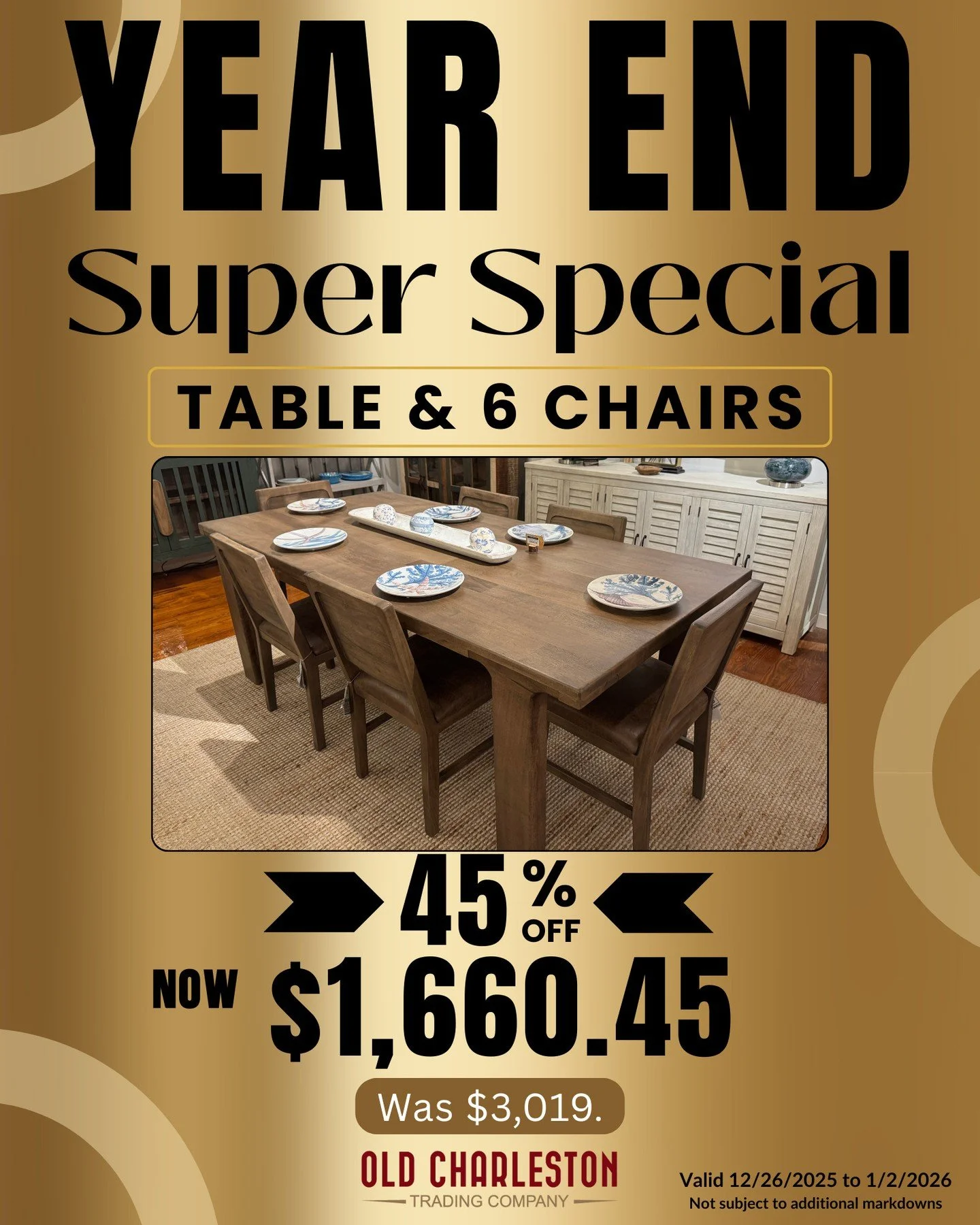 𝗢𝗻𝗲 𝗦𝗲𝘁. 𝗢𝗻𝗲 𝗣𝗿𝗶𝗰𝗲. 𝗕𝗶𝗴 𝗦𝗮𝘃𝗶𝗻𝗴𝘀!&thinsp;
$1,660.45 𝘧𝘰𝘳 𝘵𝘩𝘦 𝘞𝘩𝘰𝘭𝘦 𝘚𝘦𝘵?!&thinsp;
Yep. Read that again. 😳&thinsp;
𝗧𝗮𝗯𝗹𝗲 + 𝟲 𝗰𝗵𝗮𝗶𝗿𝘀, 𝗡𝗢𝗪 $𝟭,𝟲𝟲𝟬.𝟰𝟱 (𝗪𝗮𝘀 $𝟯,𝟬𝟭𝟵)&thinsp;
&thinsp;
This is on