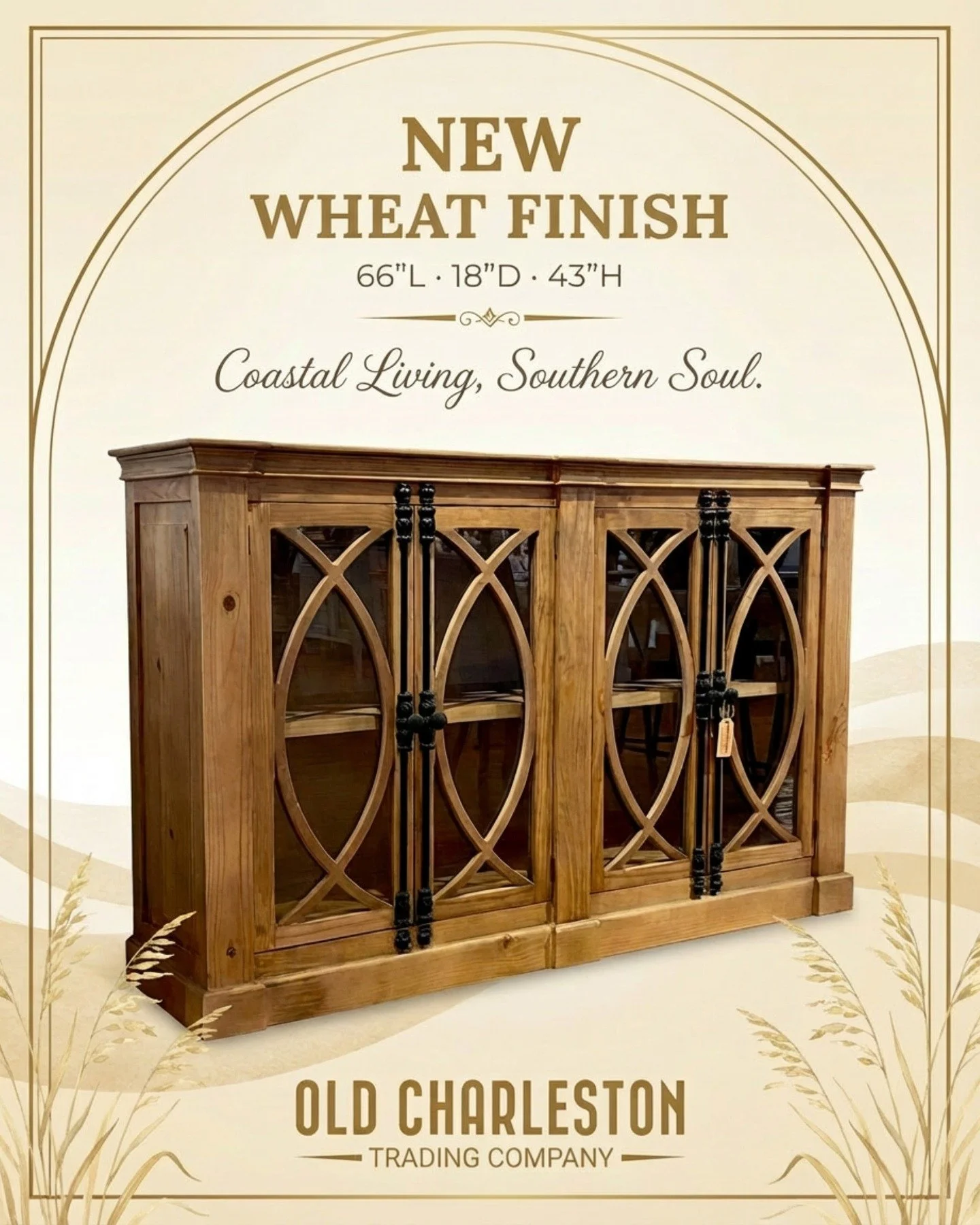 ✨ 𝗬𝗼𝘂𝗿 𝗲𝗻𝘁𝗿𝘆𝘄𝗮𝘆 𝗰𝗮𝗹𝗹𝗲𝗱. 𝗜𝘁 𝘄𝗮𝗻𝘁𝘀 𝘁𝗵𝗶𝘀.
Introducing our NEW Wheat Finish &mdash; a warm, sun-kissed golden tone inspired by lowcountry mornings and coastal Carolina light. ☀️

This handcrafted 4-door glass sideboard brings