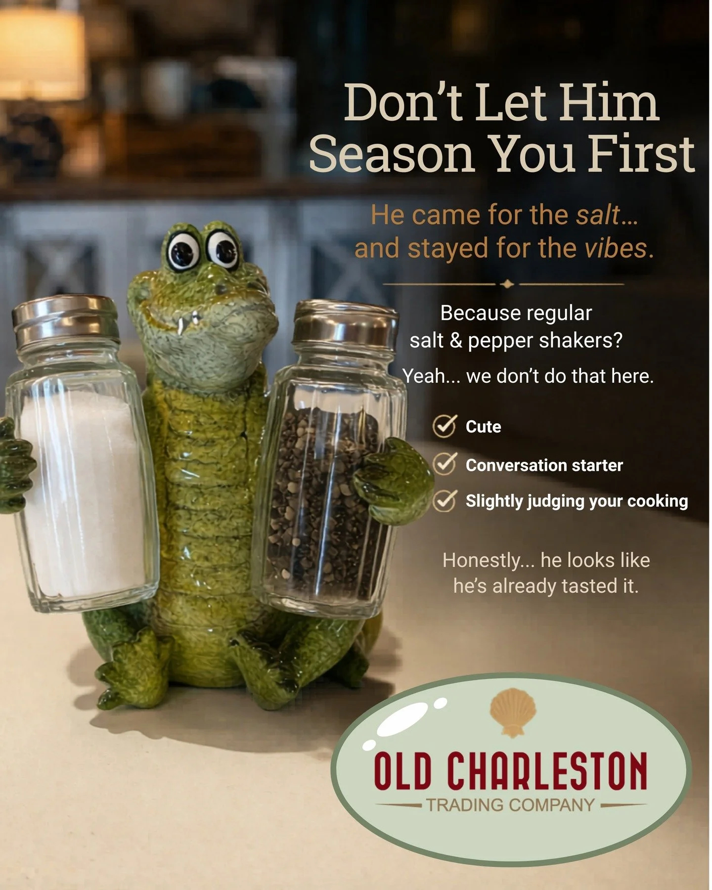 𝐌e𝐞t Y𝐨u𝐫 𝐍e𝐰 𝐅a𝐯o𝐫i𝐭e D𝐢n𝐧e𝐫 𝐆u𝐞s𝐭&thinsp;
&thinsp;
Not saying your table needed an alligator&hellip;&thinsp;
but it definitely needed this alligator. 🐊&thinsp;
&thinsp;
&bull; Holds salt and pepper (multitasking king)&thinsp;
&bull