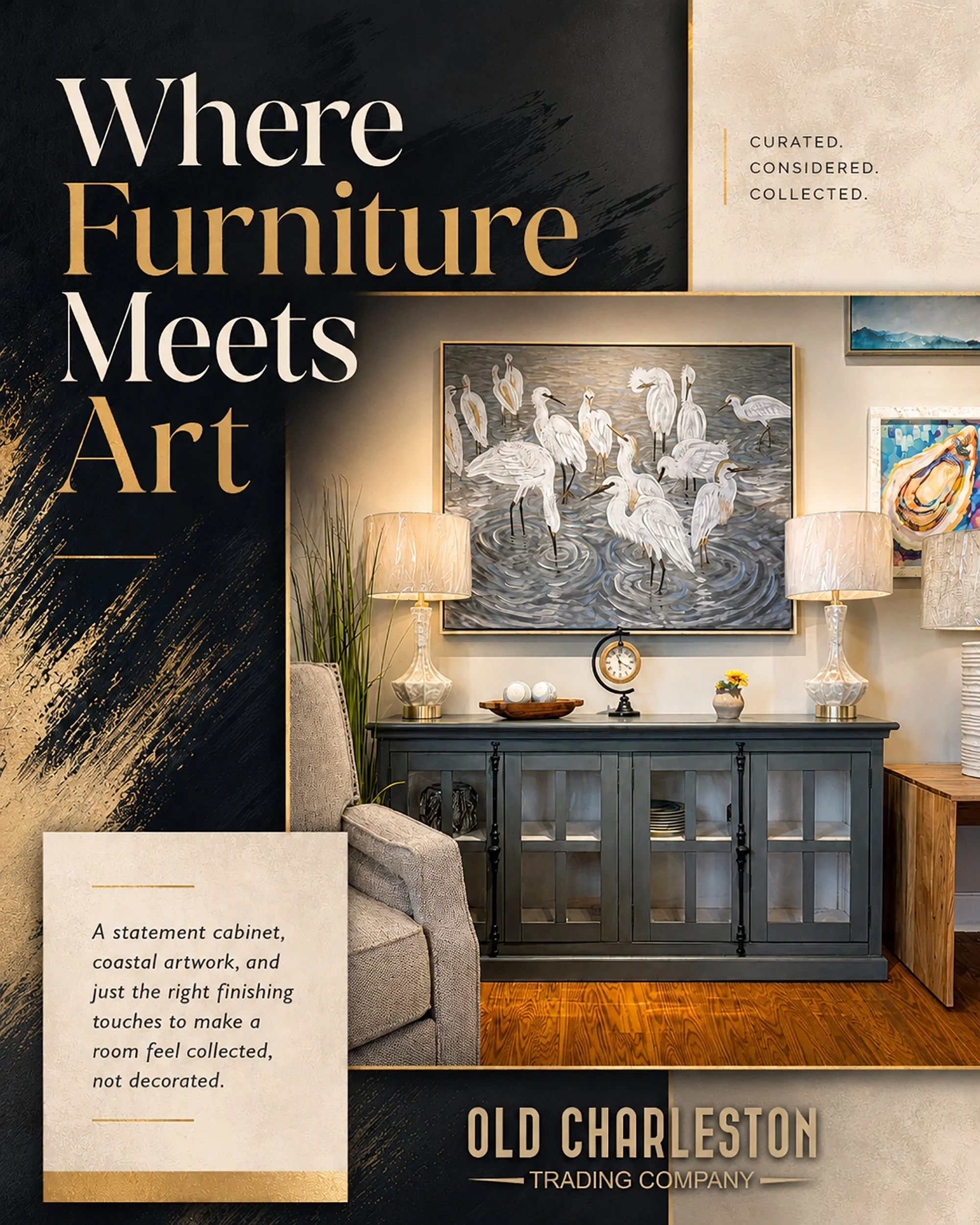 𝗖𝗼𝗹𝗹𝗲𝗰𝘁𝗲𝗱, 𝗡𝗼𝘁 𝗖𝗼𝗼𝗸𝗶𝗲-𝗖𝘂𝘁𝘁𝗲𝗿&thinsp;
Some rooms feel decorated. Others feel discovered.&thinsp;
&thinsp;
This look has that layered, lived-in, &ldquo;oh, where did you find that?&rdquo; kind of charm. A bold cabinet, coastal b