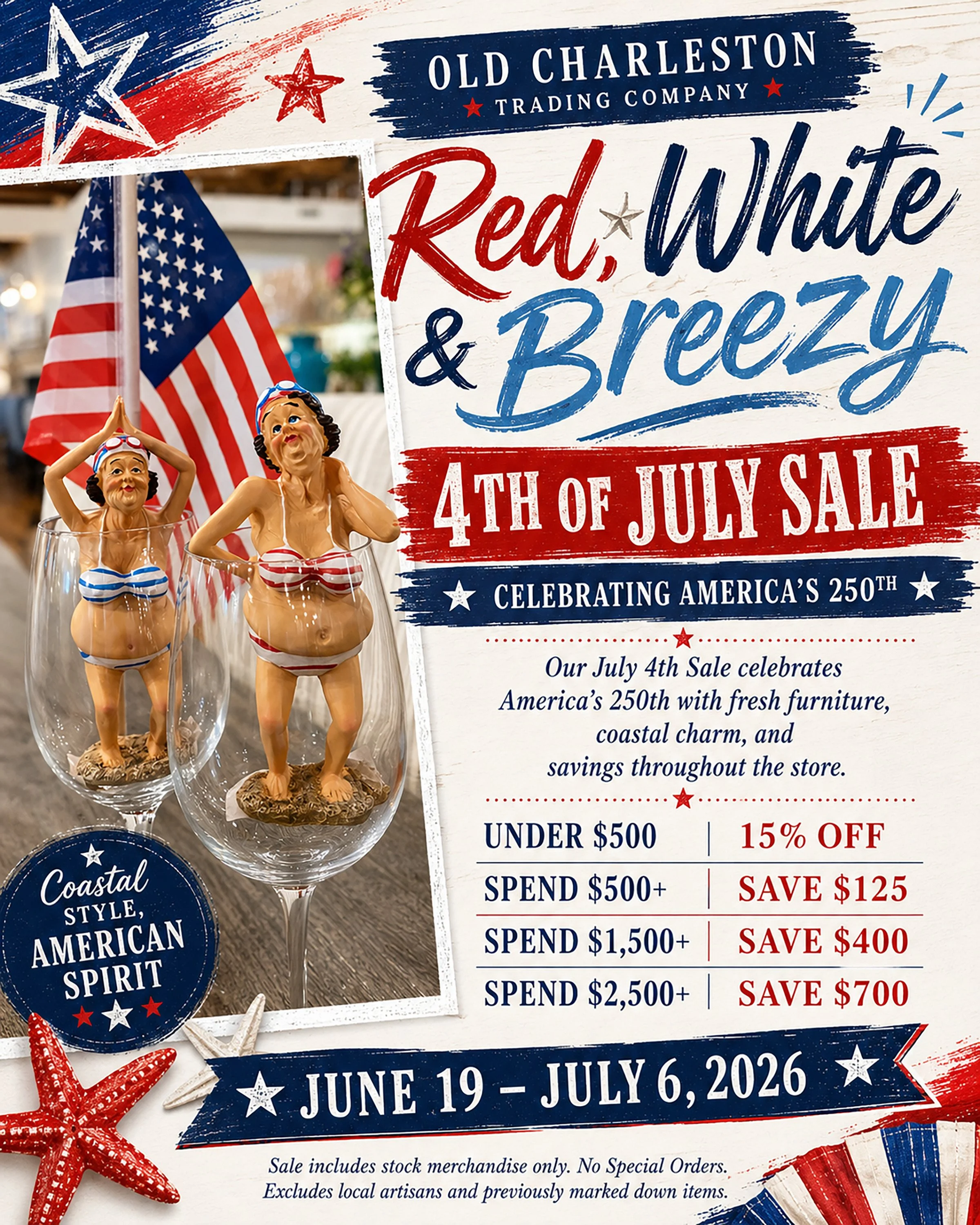 𝙎𝙩𝙖𝙧𝙨, 𝙎𝙩𝙧𝙞𝙥𝙚𝙨 &amp; 𝙎𝙚𝙖 𝙎𝙥𝙧𝙖𝙮
A little patriotic, a little coastal, and very much worth the trip. ⭐🌊
⠀
Our July 4th Sale is happening now, and the showroom is full of fresh furniture, coastal charm, lighting, art, accents, and p