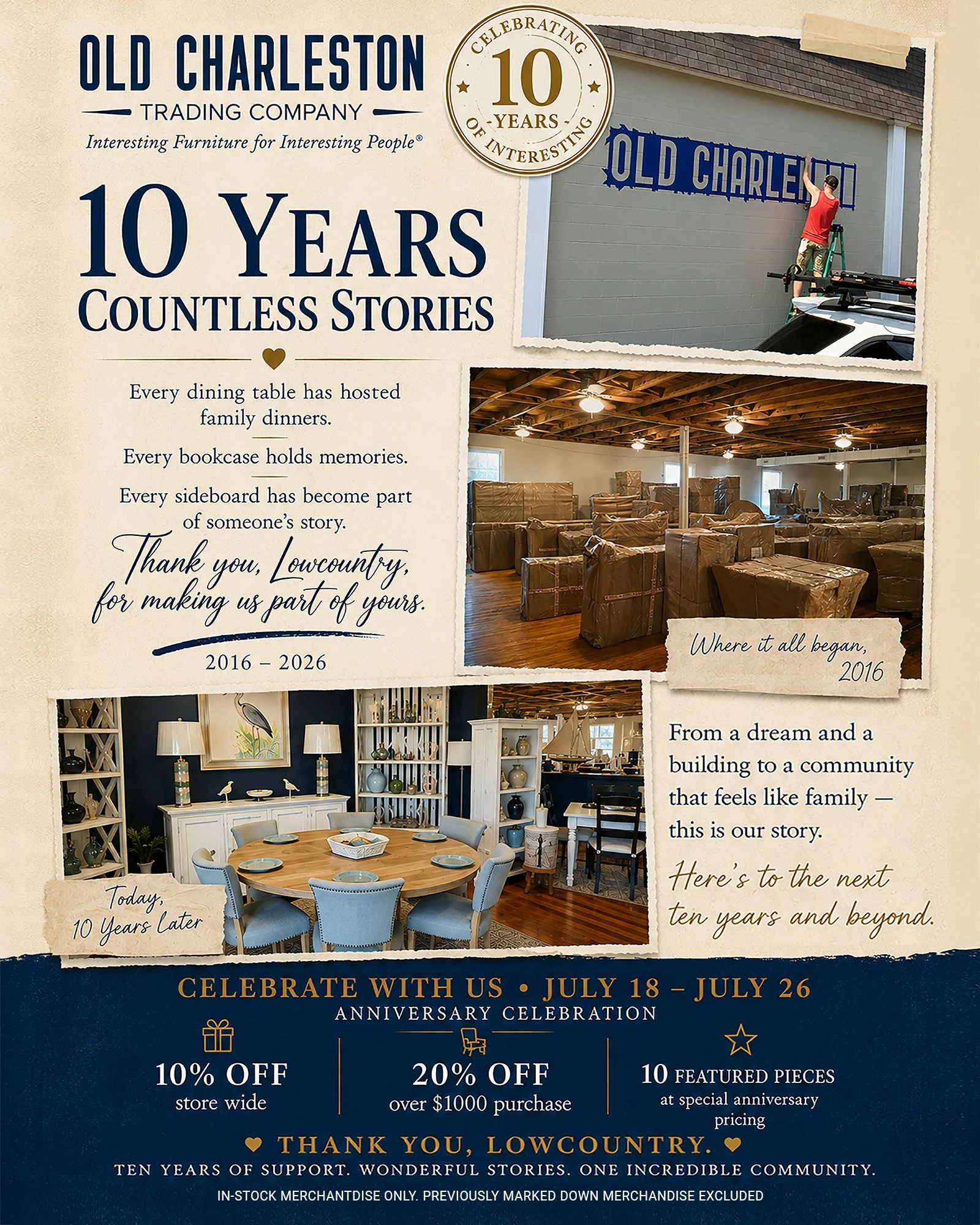 🎉 𝟭𝟬 𝗬𝗲𝗮𝗿𝘀. 𝗖𝗼𝘂𝗻𝘁𝗹𝗲𝘀𝘀 𝗠𝗲𝗺𝗼𝗿𝗶𝗲𝘀. 𝗢𝗻𝗲 𝗜𝗻𝗰𝗿𝗲𝗱𝗶𝗯𝗹𝗲 𝗖𝗼𝗺𝗺𝘂𝗻𝗶𝘁𝘆.
⠀
Ten years ago, Old Charleston Trading Company was just an idea... an empty building, a few sketches, and a dream of creating a furniture store 