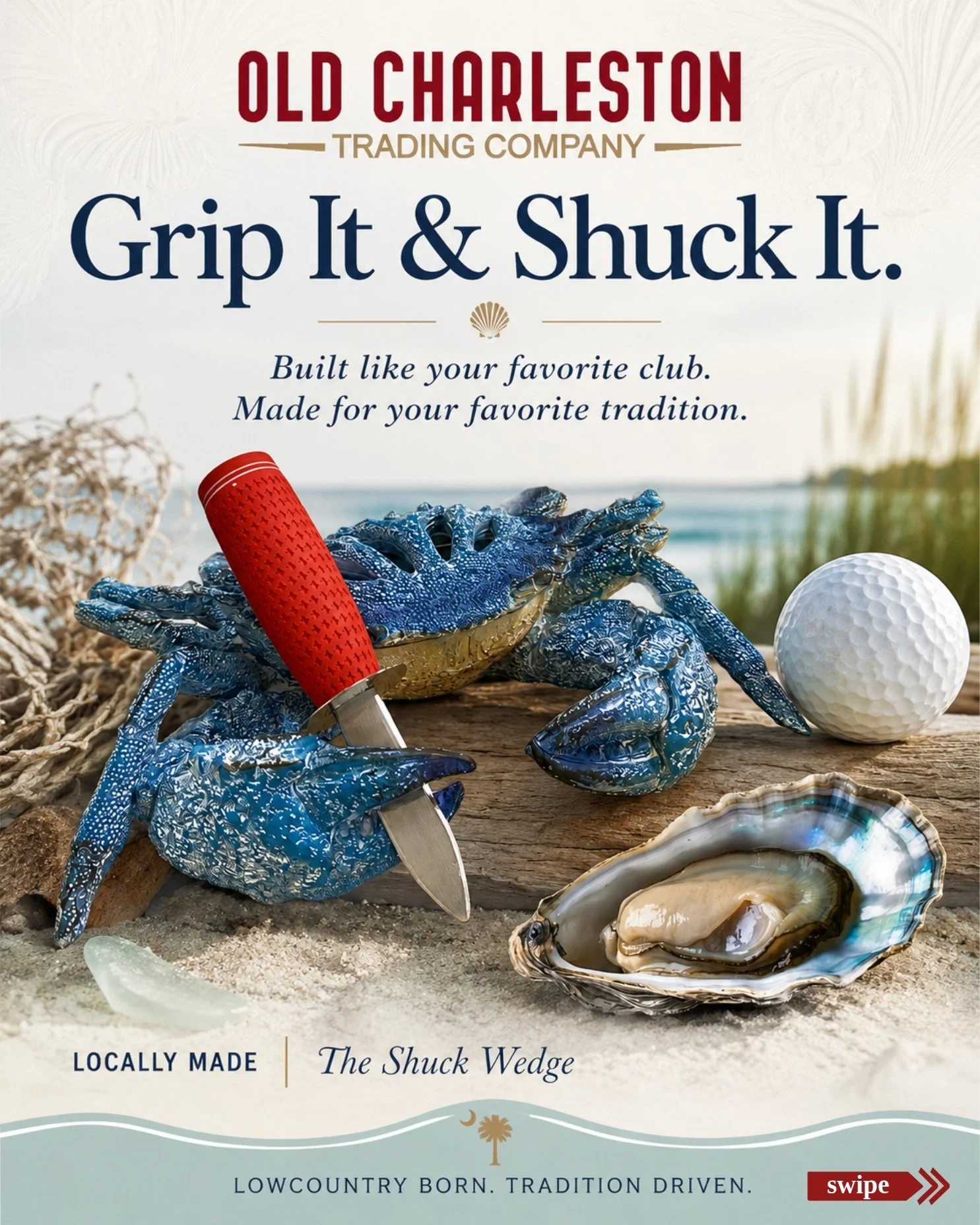 🦪 𝗚𝗥𝗜𝗣 𝗜𝗧. 𝗦𝗛𝗨𝗖𝗞 𝗜𝗧. 𝗣𝗔𝗦𝗦 𝗧𝗛𝗘 𝗢𝗬𝗦𝗧𝗘𝗥𝗦. ⛳
⠀
Some Lowcountry traditions just deserve better equipment.
⠀
Meet 𝙏𝙝𝙚 𝙎𝙝𝙪𝙘𝙠 𝙒𝙚𝙙𝙜𝙚 - a locally made oyster knife that brings a little golf-course ingenuity to the oyste
